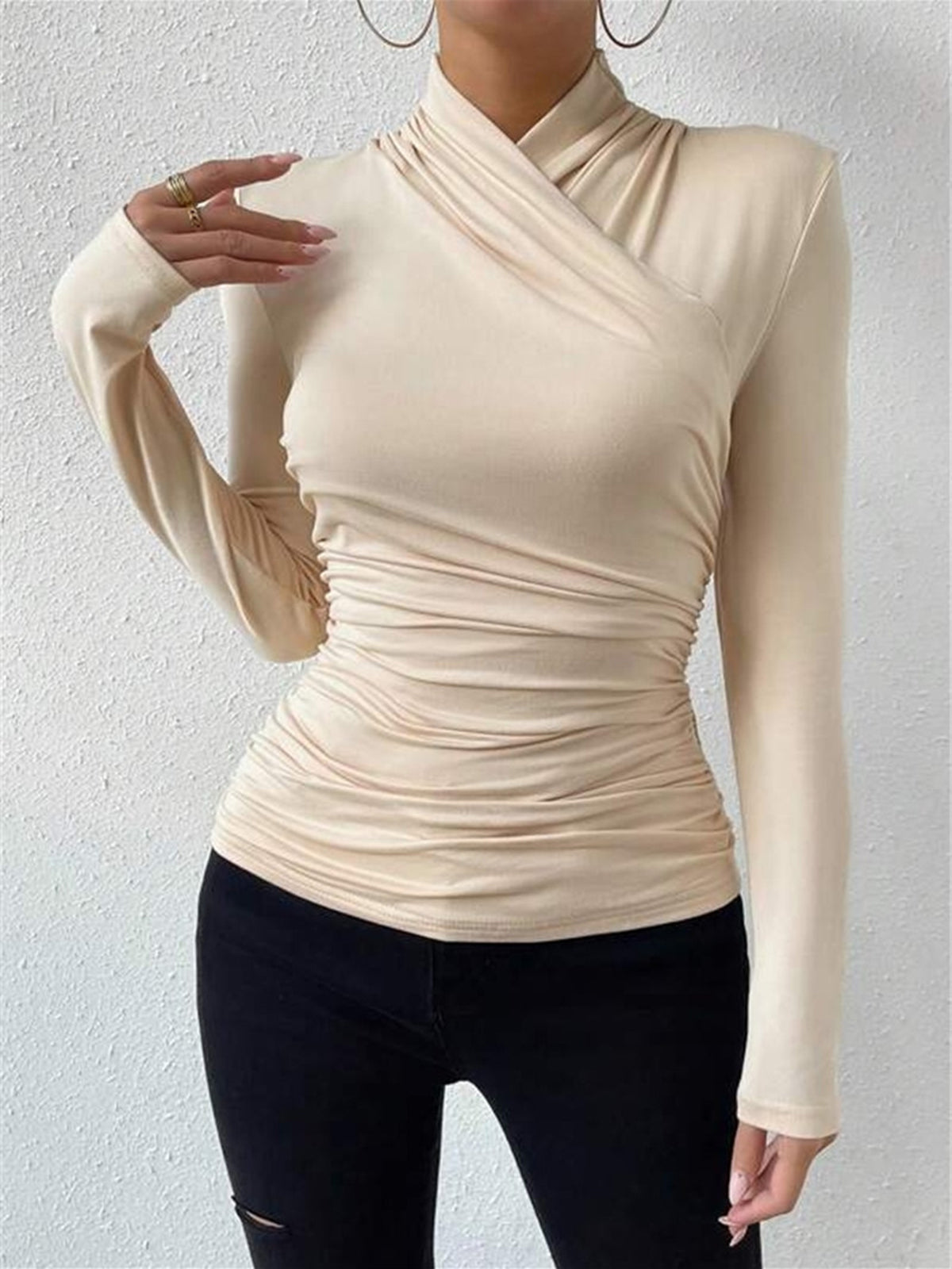 Cross-Over Collar Pleated Cinched T-Shirt with Elastic Waistband