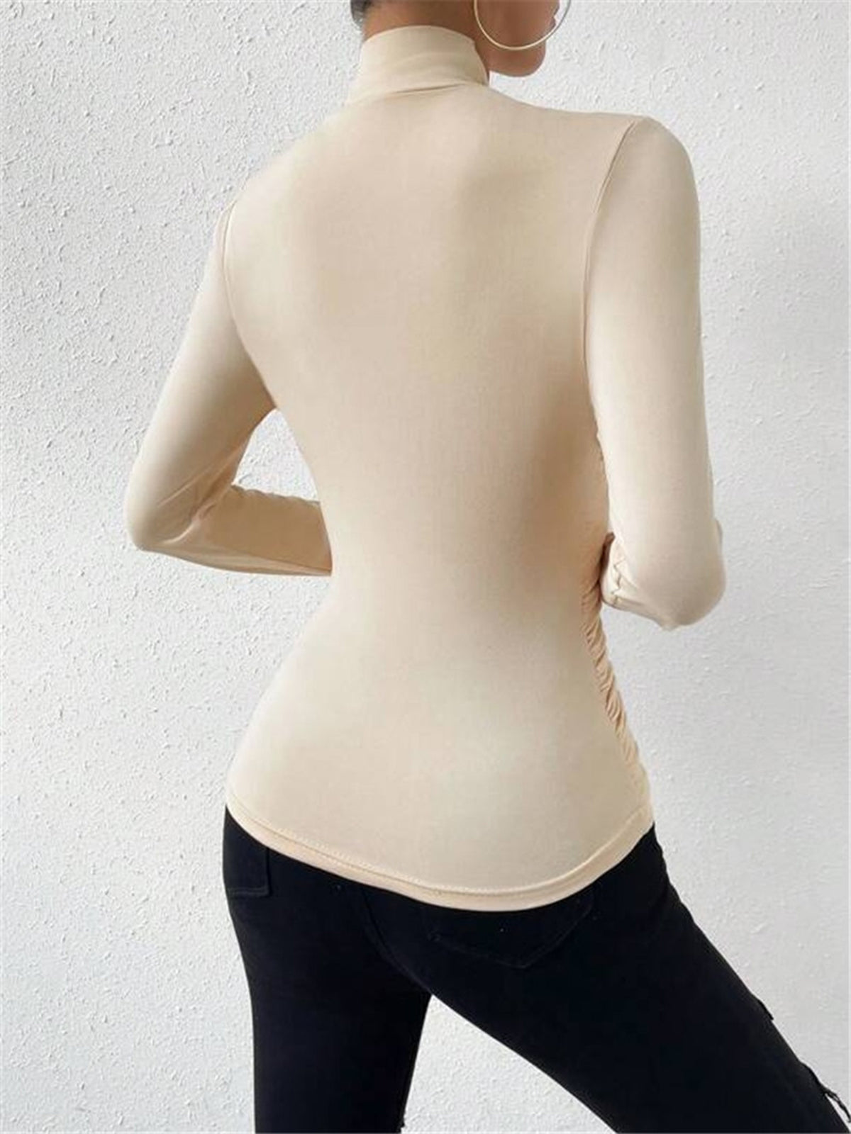 Cross-Over Collar Pleated Cinched T-Shirt with Elastic Waistband