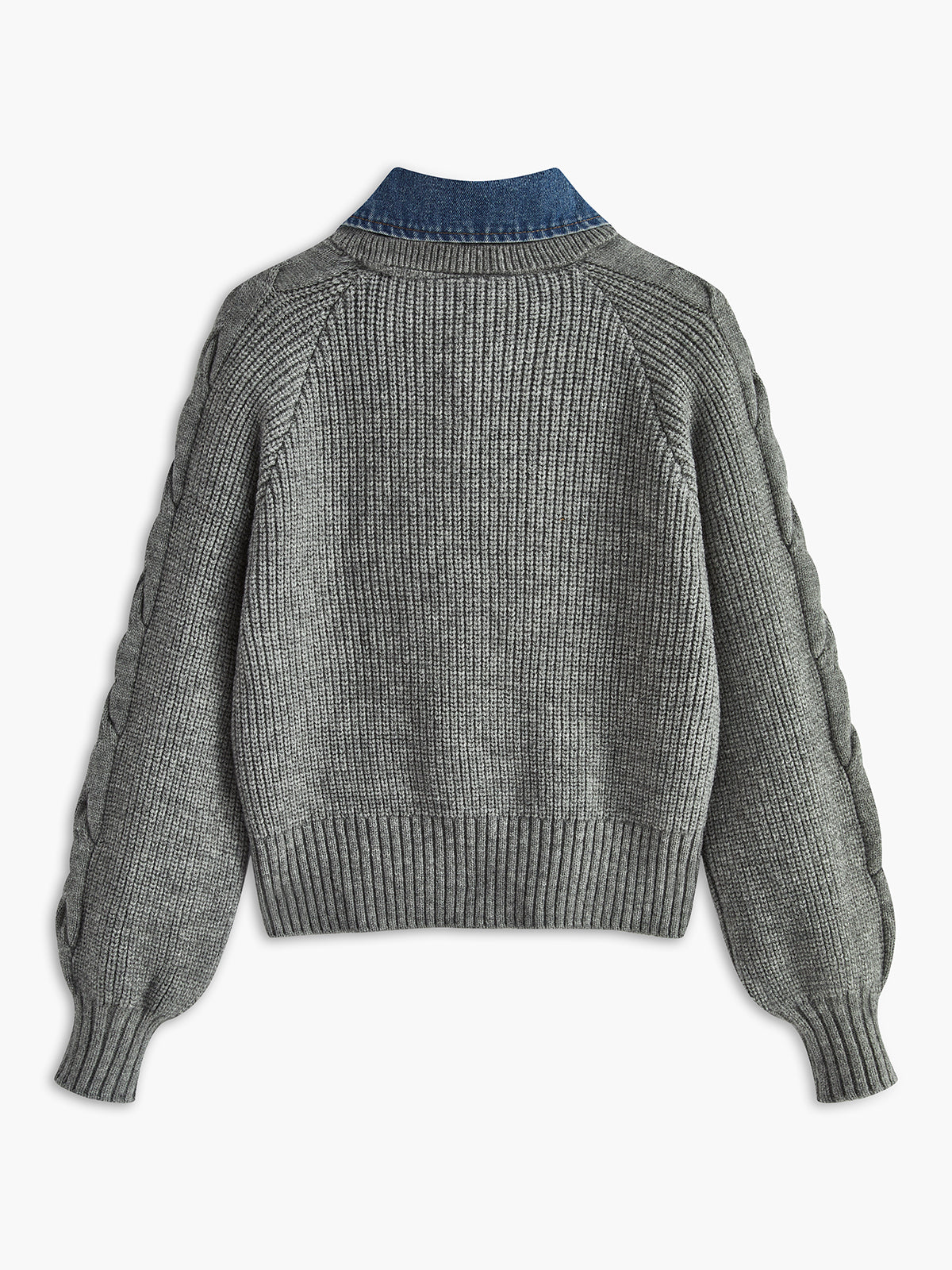 Denim Panel Ribbed Lapel Sweater for Casual Fall Fashion