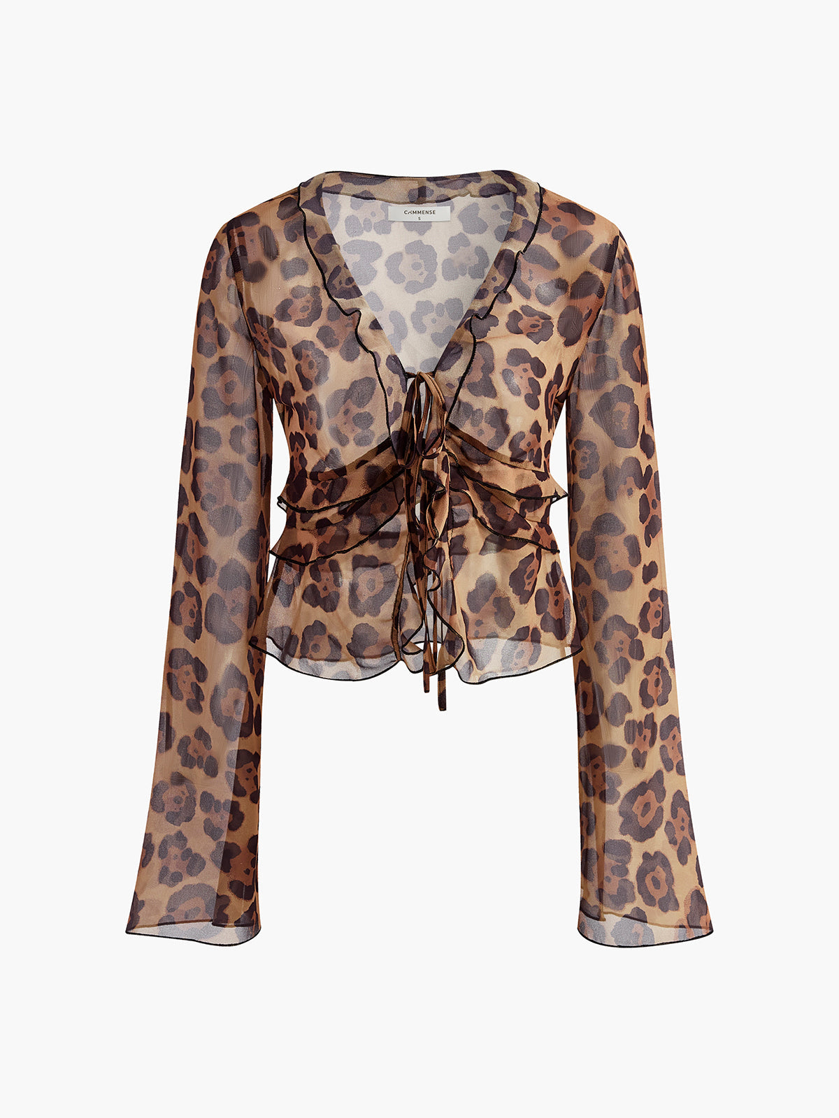 Leopard Print Semi-Sheer Ruffle V-Neck Blouse for Women Lightweight