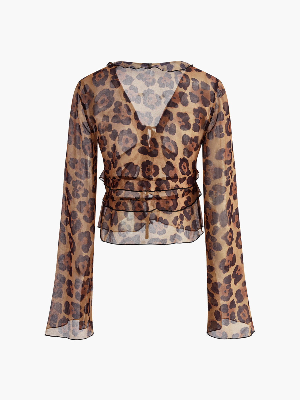 Leopard Print Semi-Sheer Ruffle V-Neck Blouse for Women Lightweight