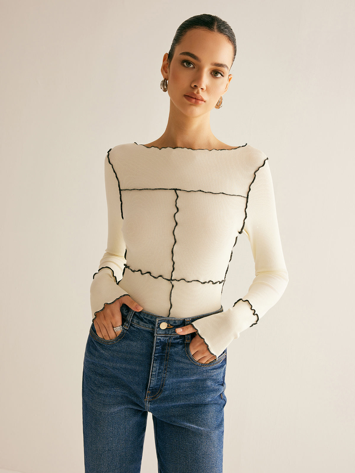 Lettuce Trim Long Sleeve Slim T-Shirt - Comfortable Stretch Fit Women's Casual Top