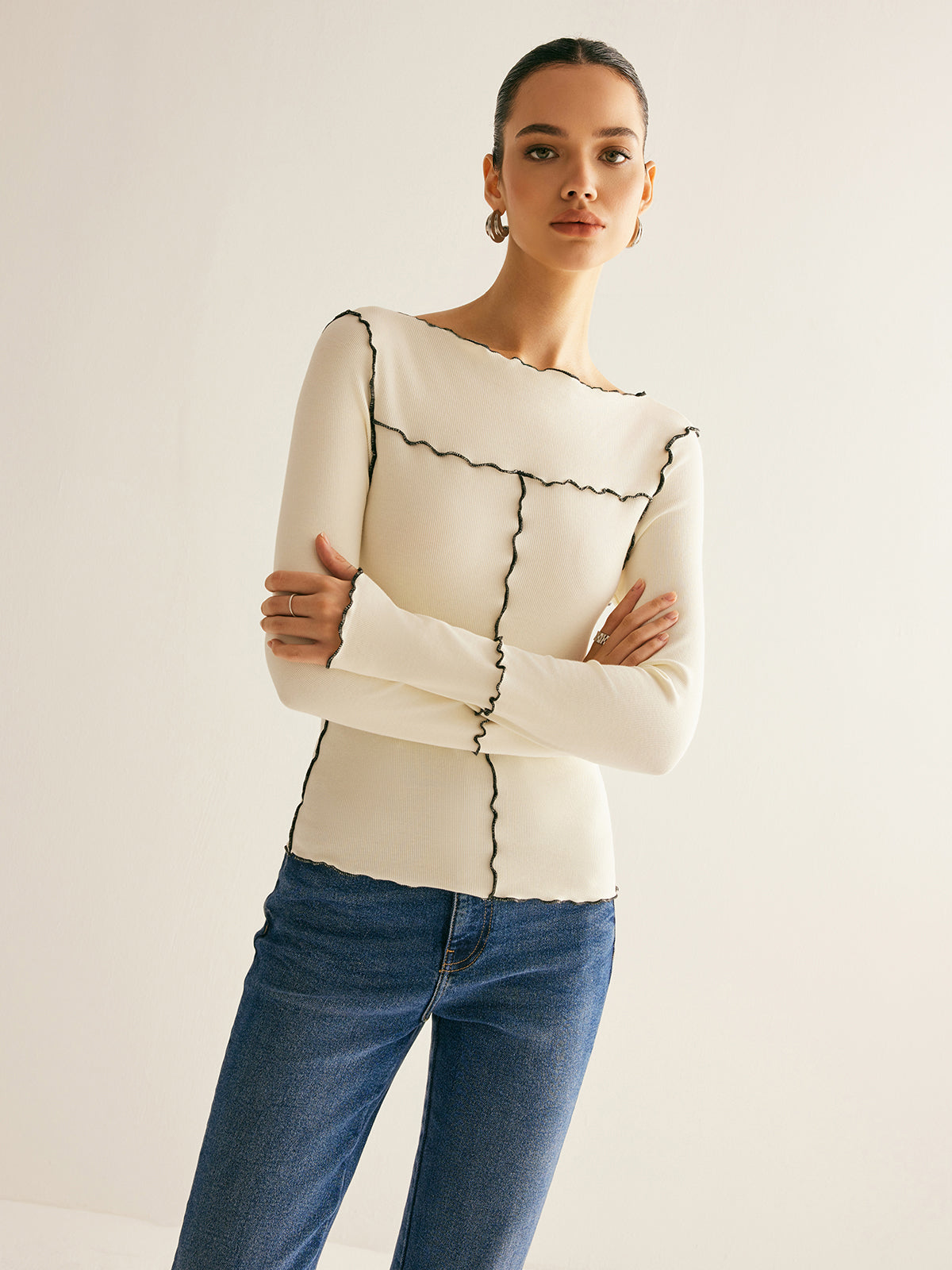 Lettuce Trim Long Sleeve Slim T-Shirt - Comfortable Stretch Fit Women's Casual Top