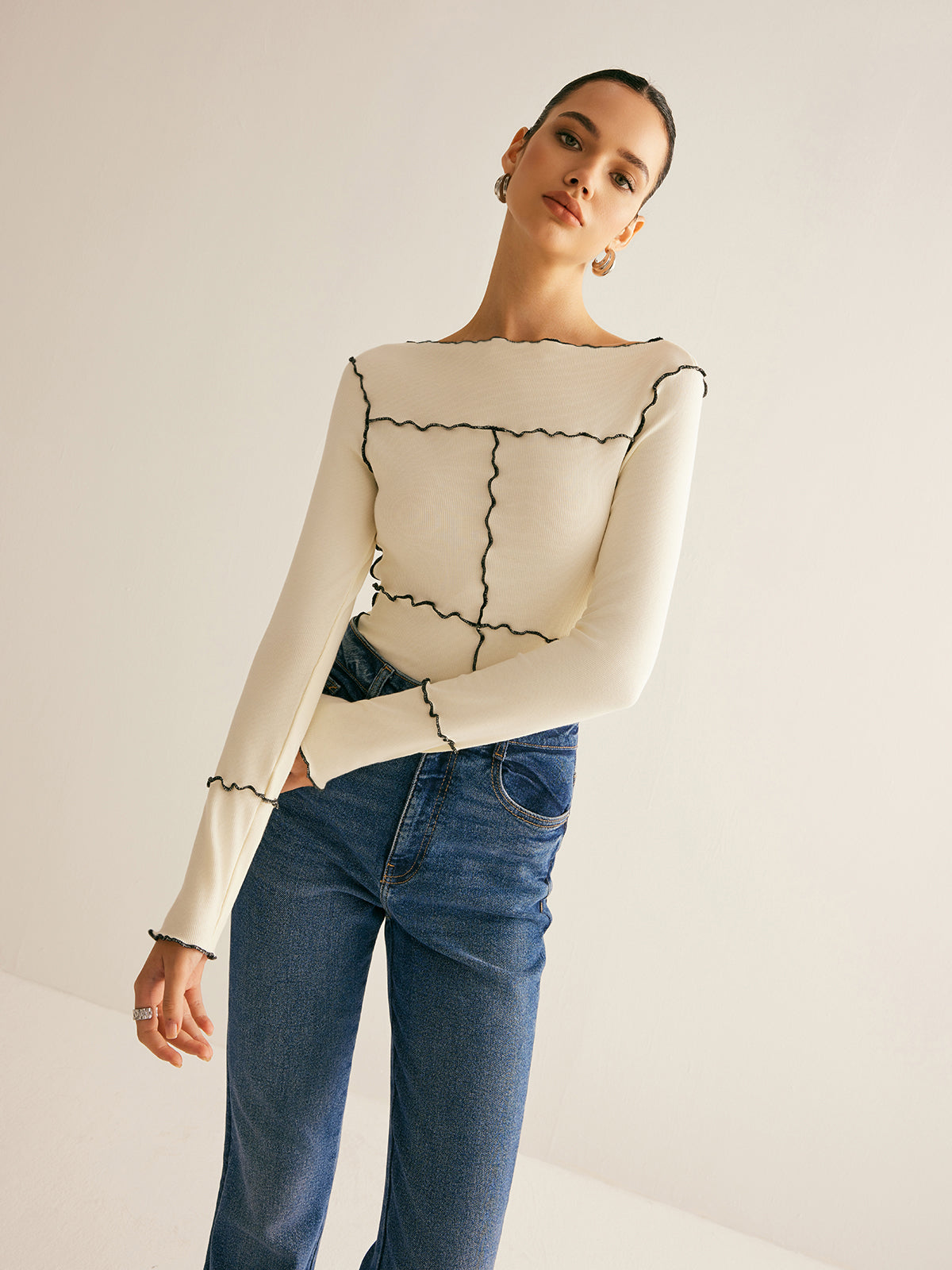 Lettuce Trim Long Sleeve Slim T-Shirt - Comfortable Stretch Fit Women's Casual Top