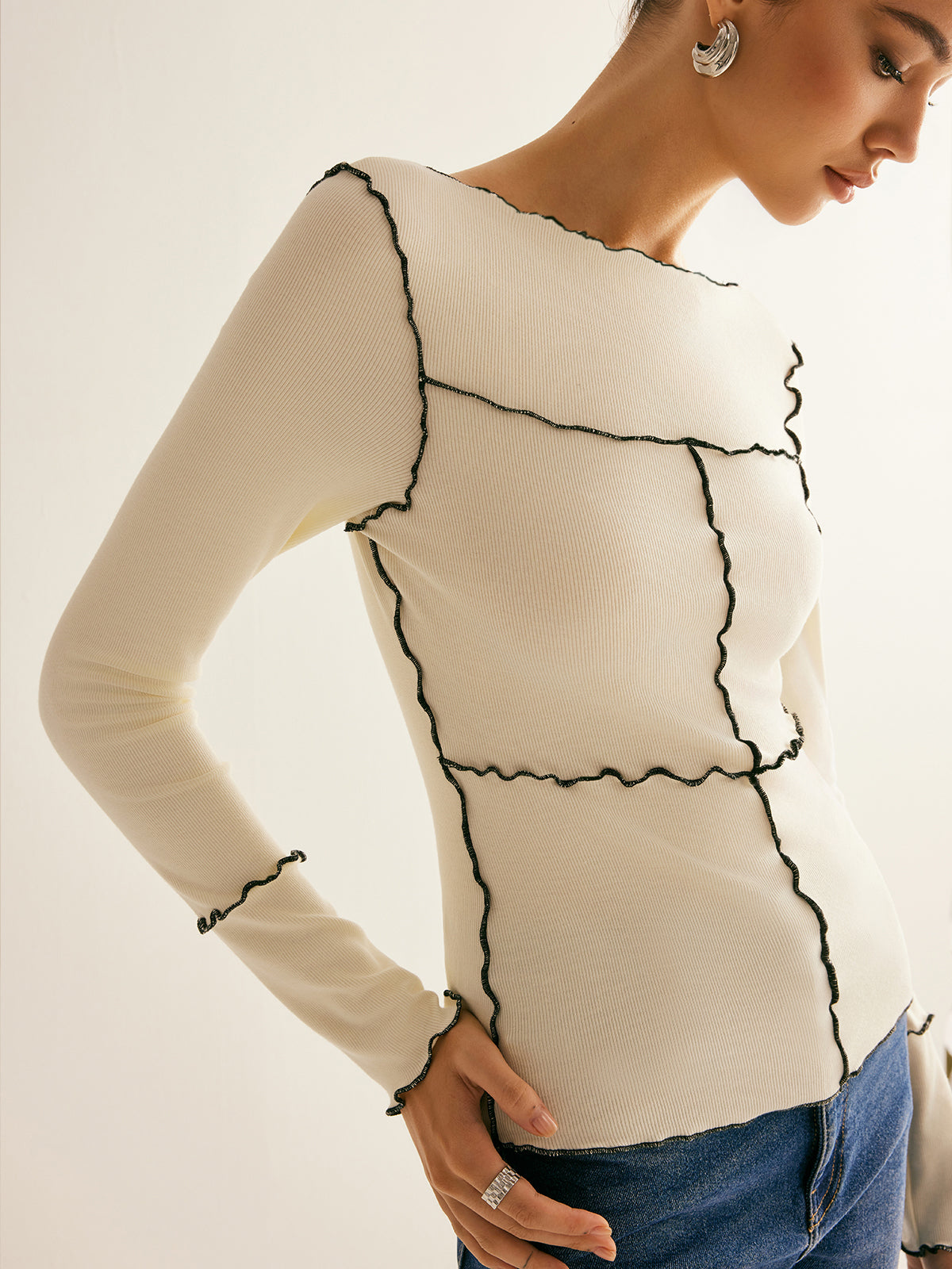 Lettuce Trim Long Sleeve Slim T-Shirt - Comfortable Stretch Fit Women's Casual Top