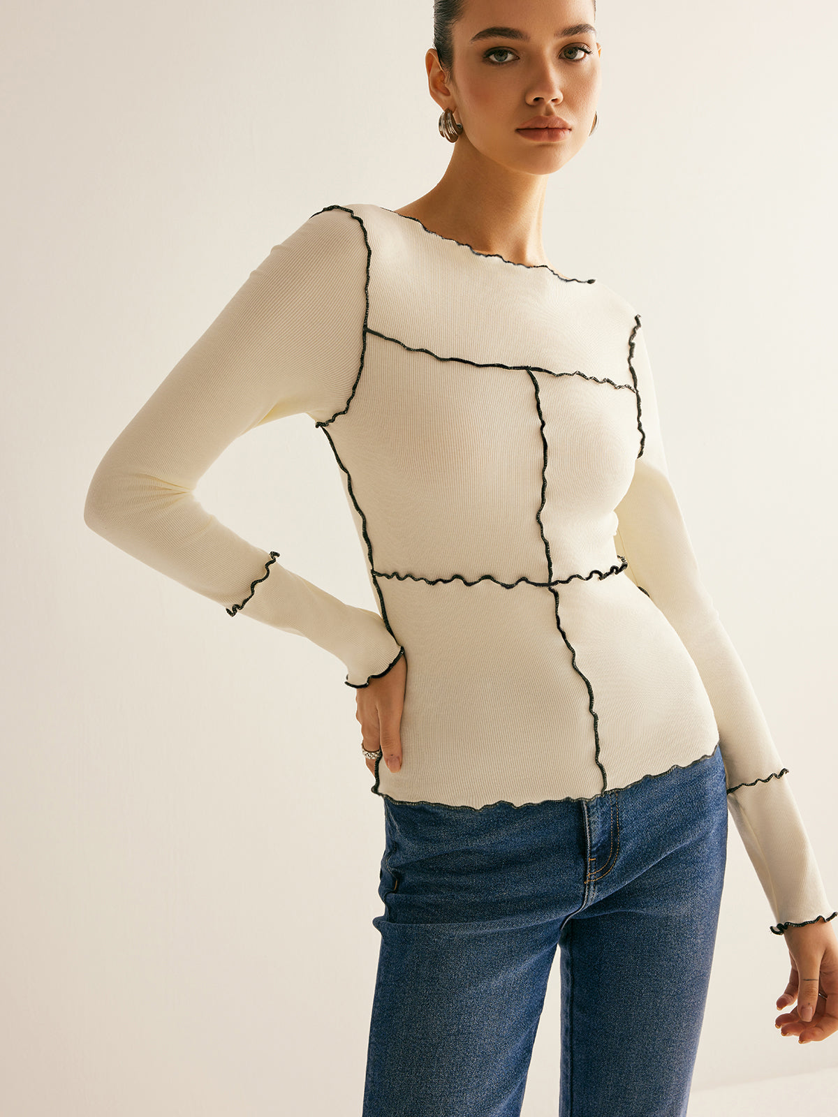 Lettuce Trim Long Sleeve Slim T-Shirt - Comfortable Stretch Fit Women's Casual Top