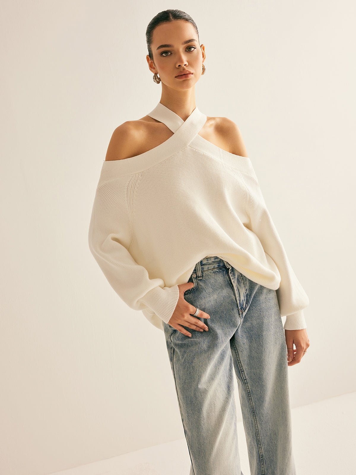 Cross-Over Collar Cold-Shoulder Sweater Women's Winter Fashion Knitwear