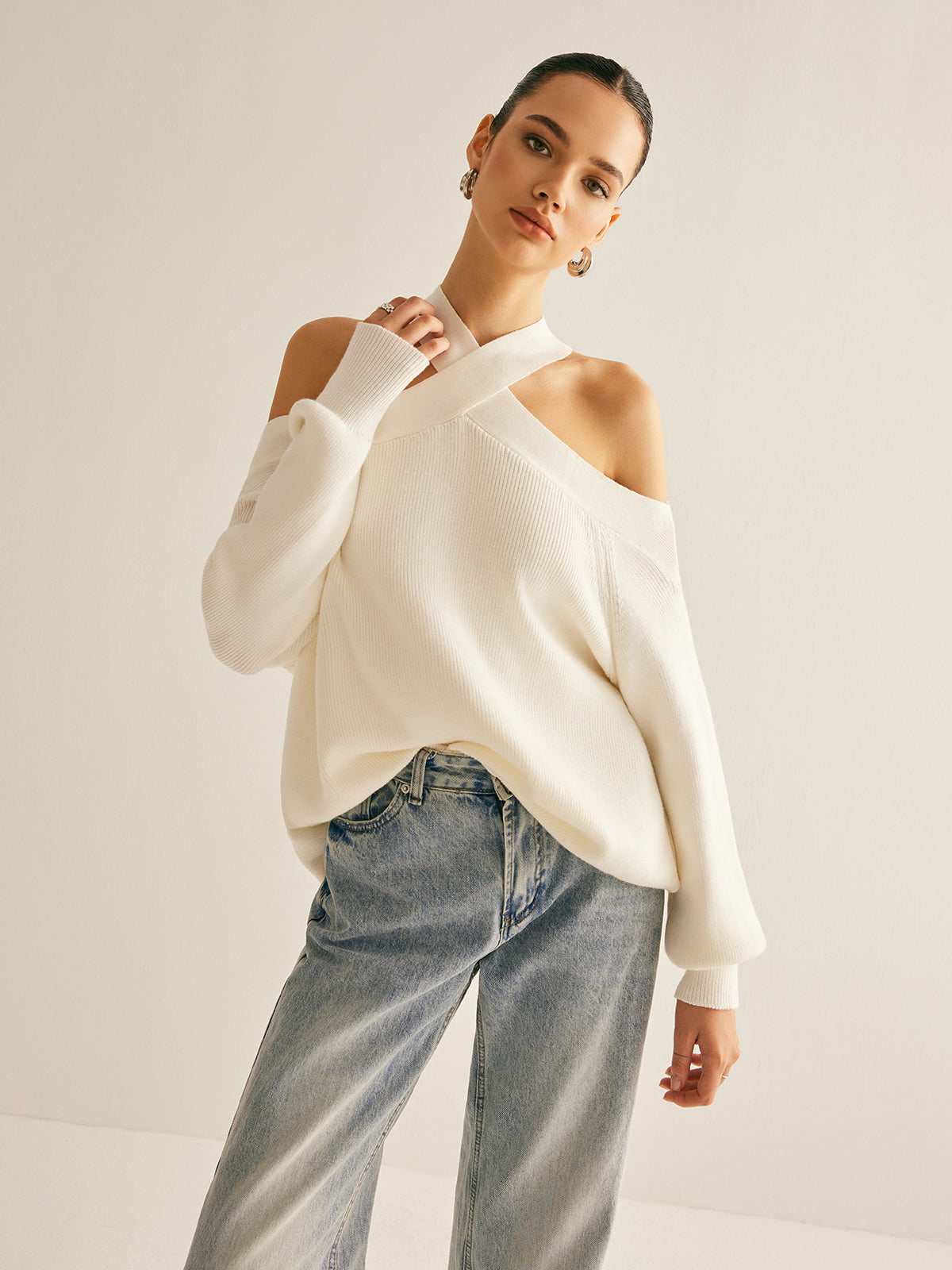 Cross-Over Collar Cold-Shoulder Sweater Women's Winter Fashion Knitwear