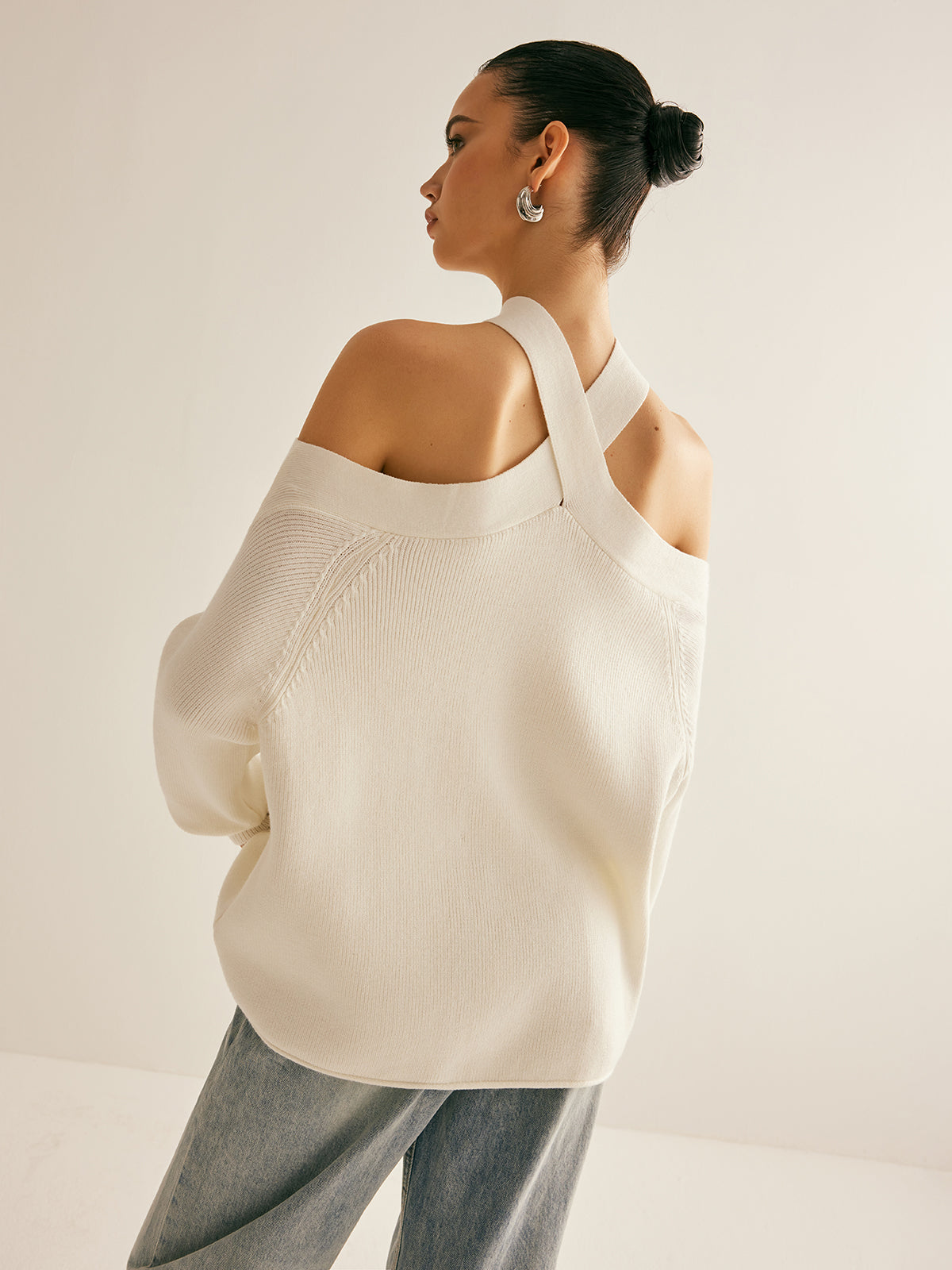 Cross-Over Collar Cold-Shoulder Sweater Women's Winter Fashion Knitwear