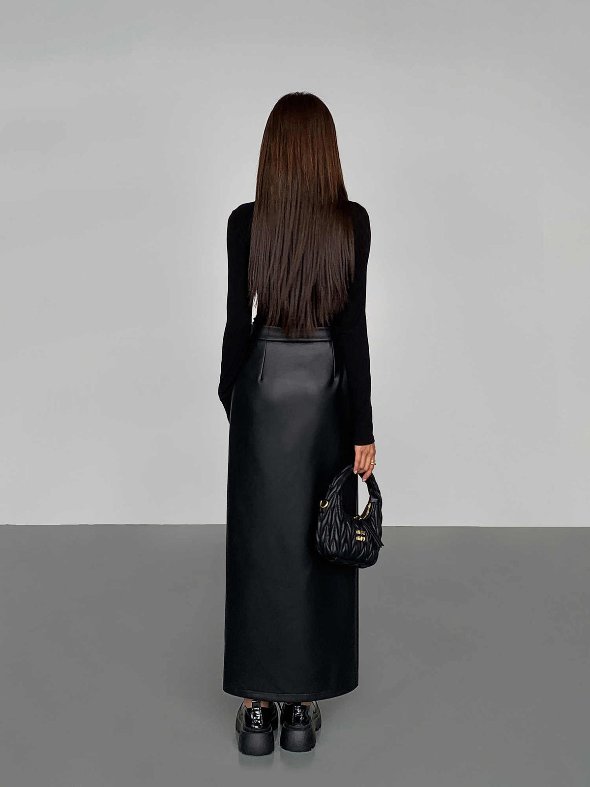 Side Split PU Leather Midi Skirt with High Waist Design