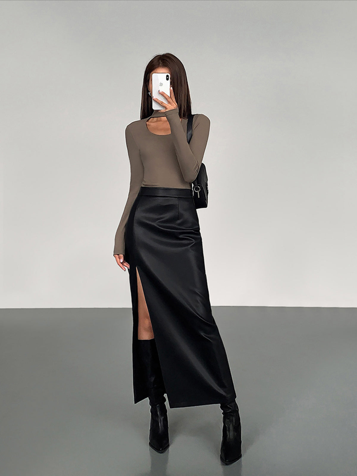 Side Split PU Leather Midi Skirt with High Waist Design