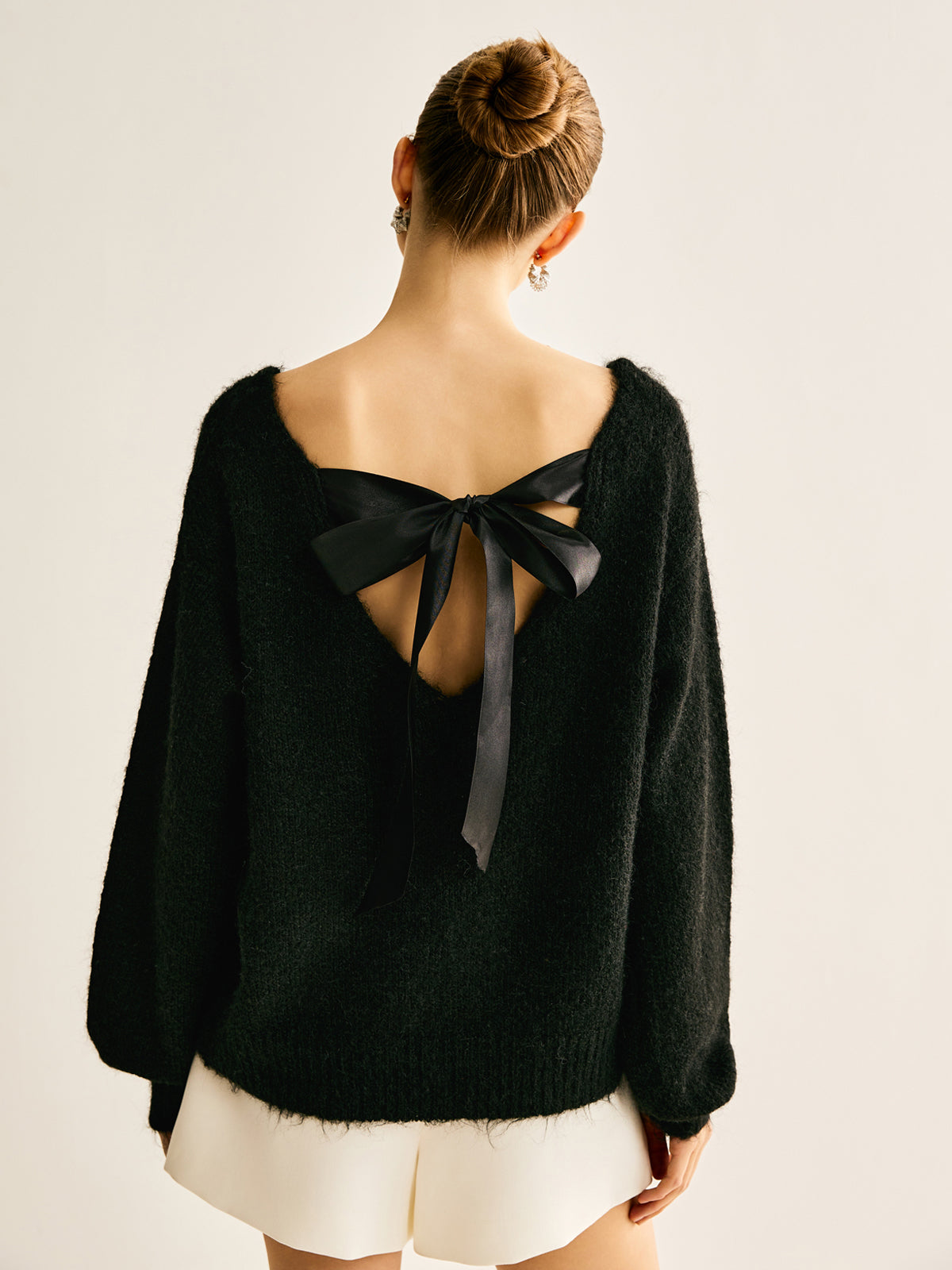 Ribbed Bow Loose Sweater - Comfy Casual Pullover Top for Women