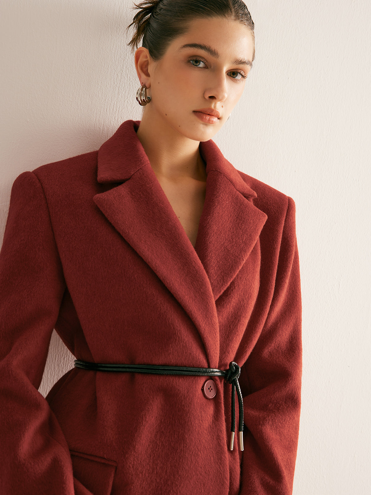 Wool-Blend Belted Blazer With Shoulder Pads, Women's Tailored Fashion Jacket