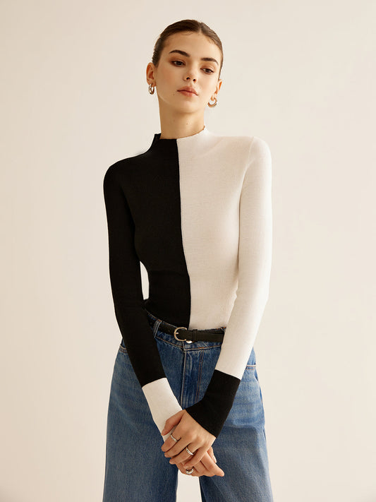 Wool-Blend Two Tone Skinny Knit Top for Women’s Fashion
