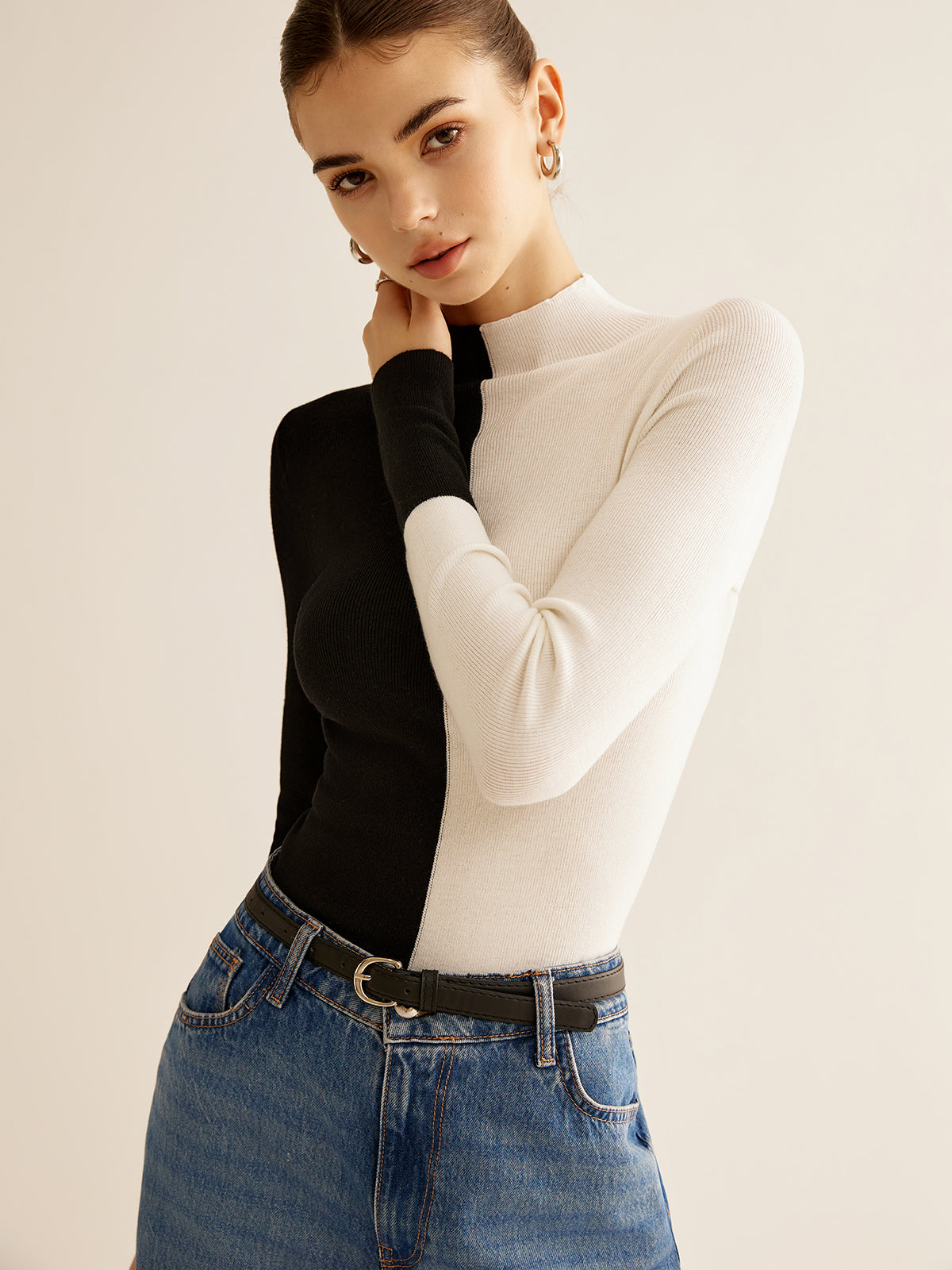 Wool-Blend Two Tone Skinny Knit Top for Women’s Fashion