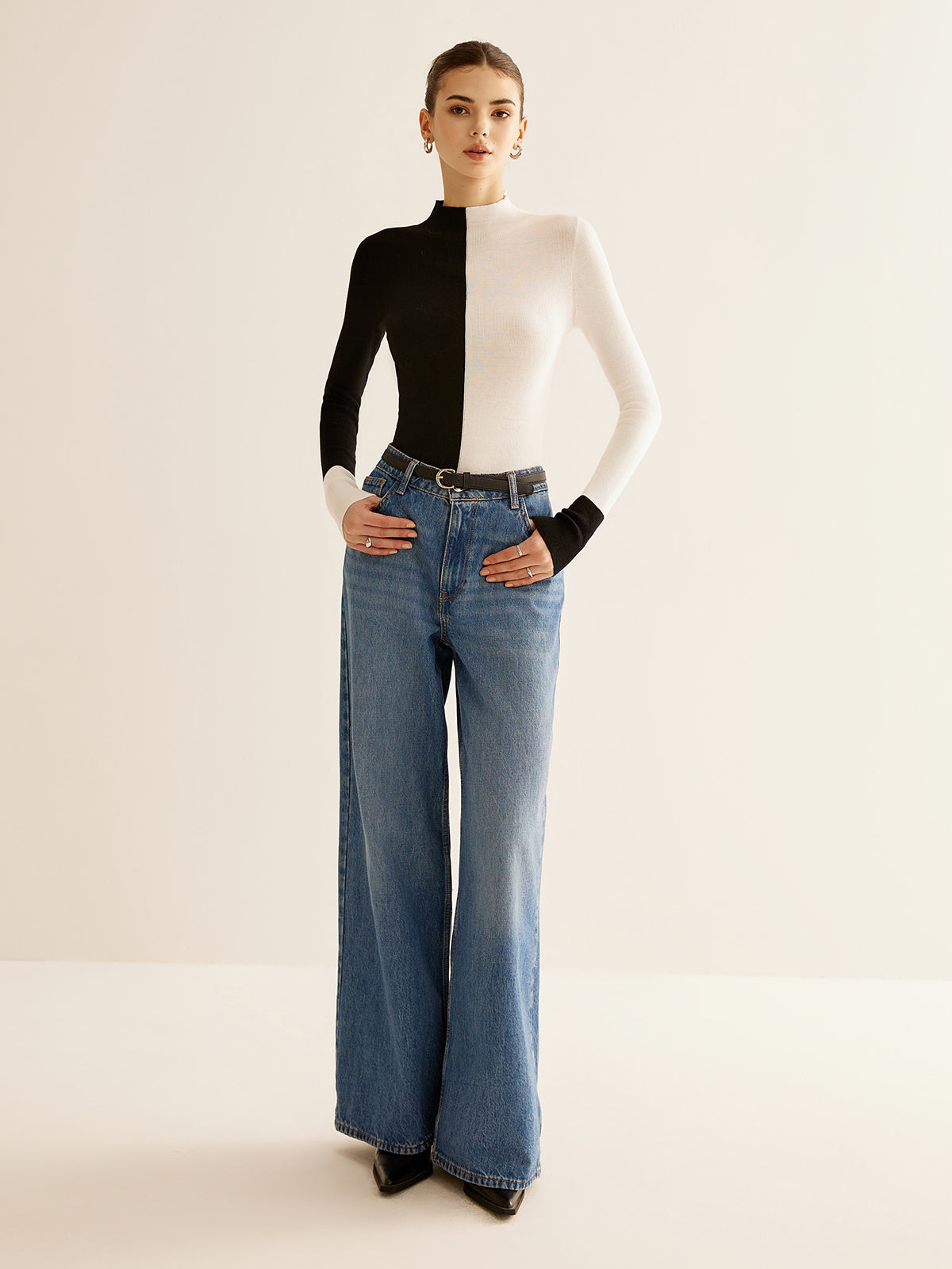 Wool-Blend Two Tone Skinny Knit Top for Women’s Fashion