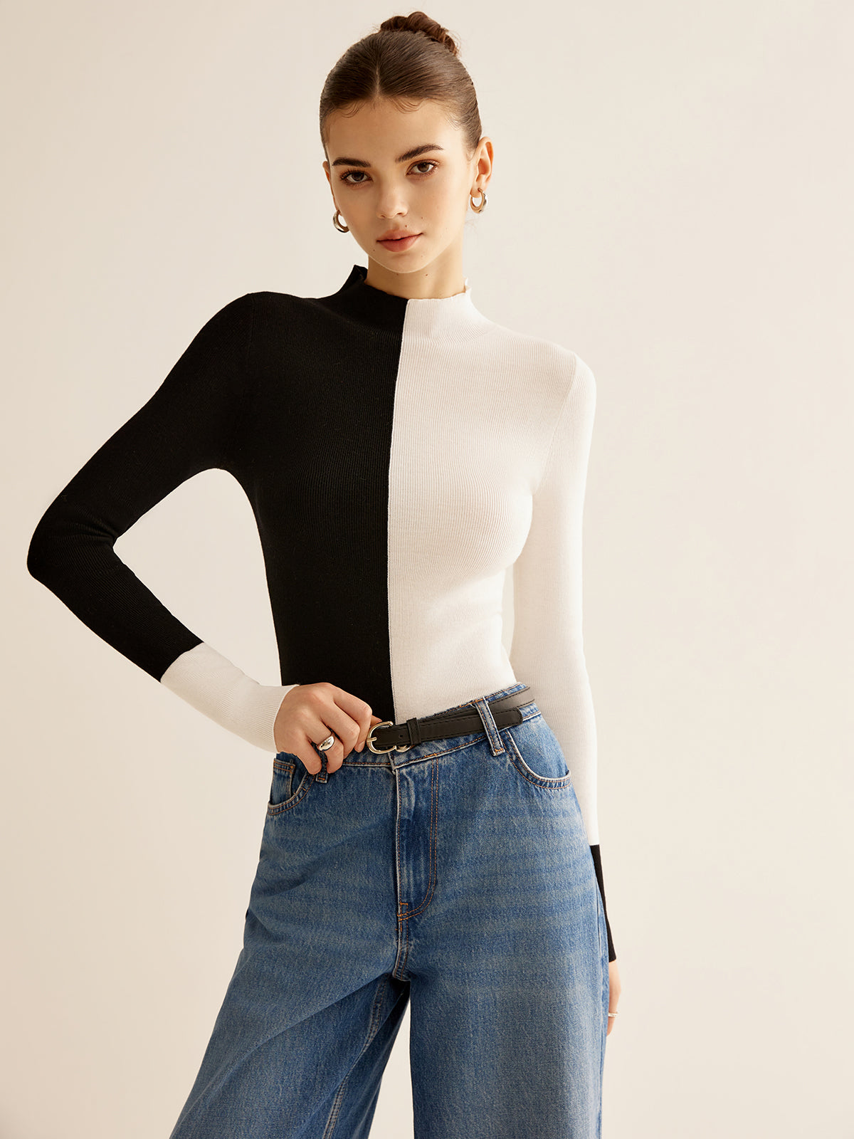 Wool-Blend Two Tone Skinny Knit Top for Women’s Fashion