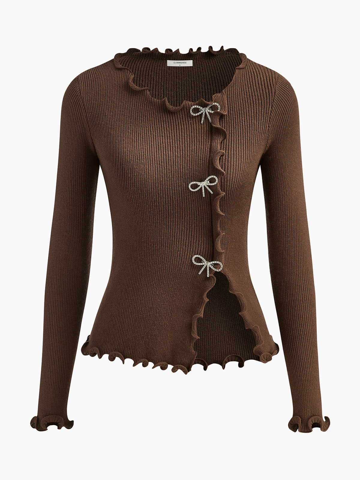 Rhinestone Bow Lettuce Trim Sweater with Elegant Design
