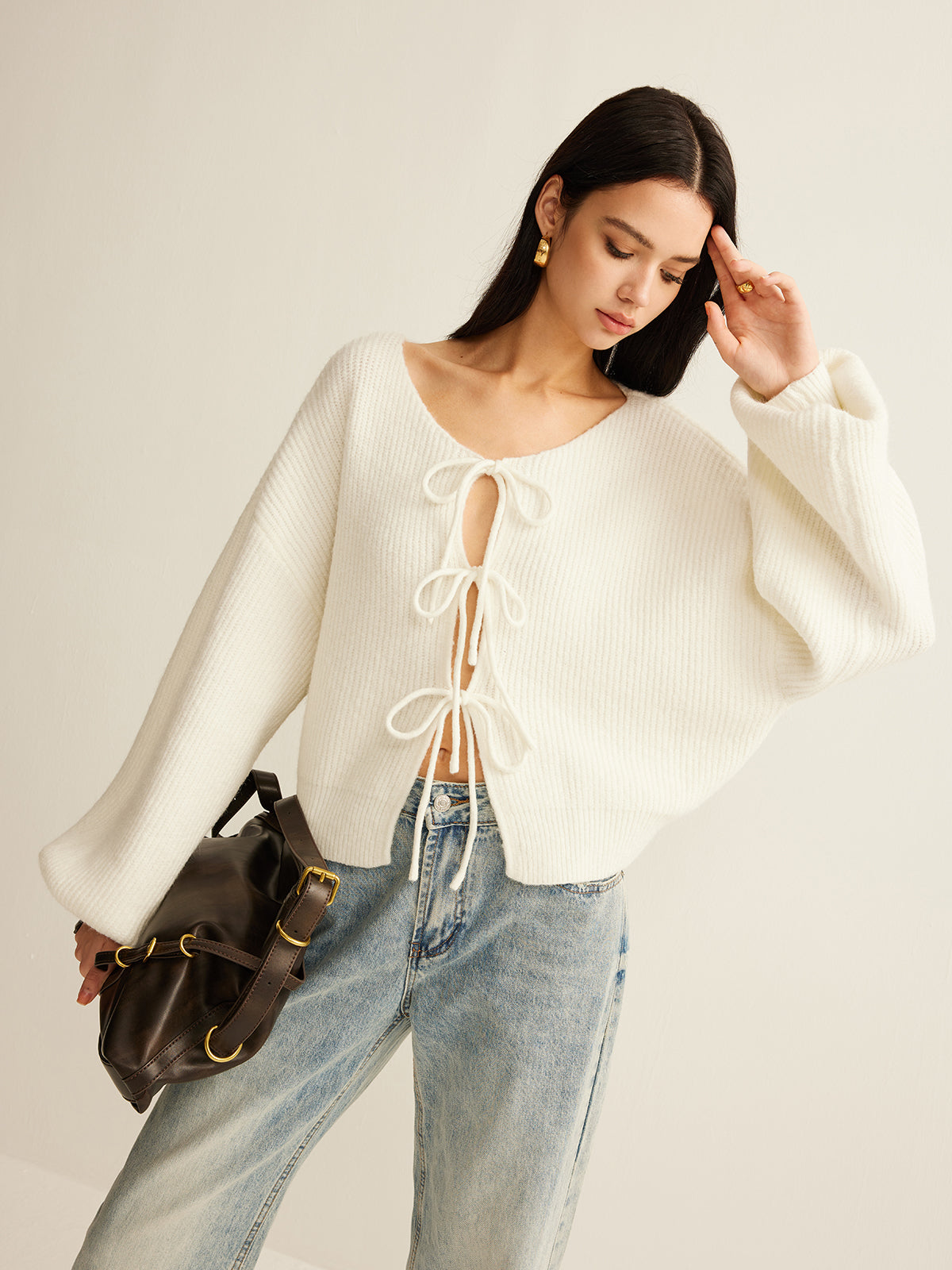 Wool-Blend Tie-Front Cardigan with Ribbed Trim Comfort Fit