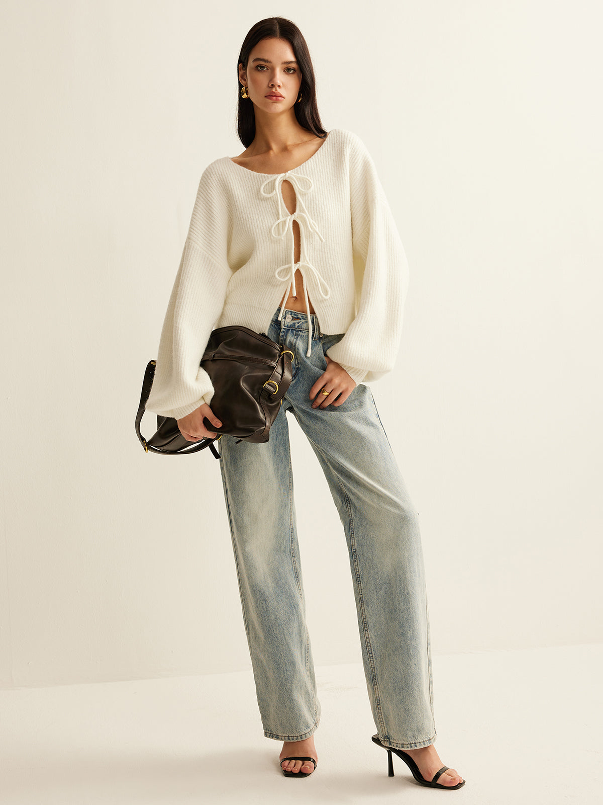 Wool-Blend Tie-Front Cardigan with Ribbed Trim Comfort Fit