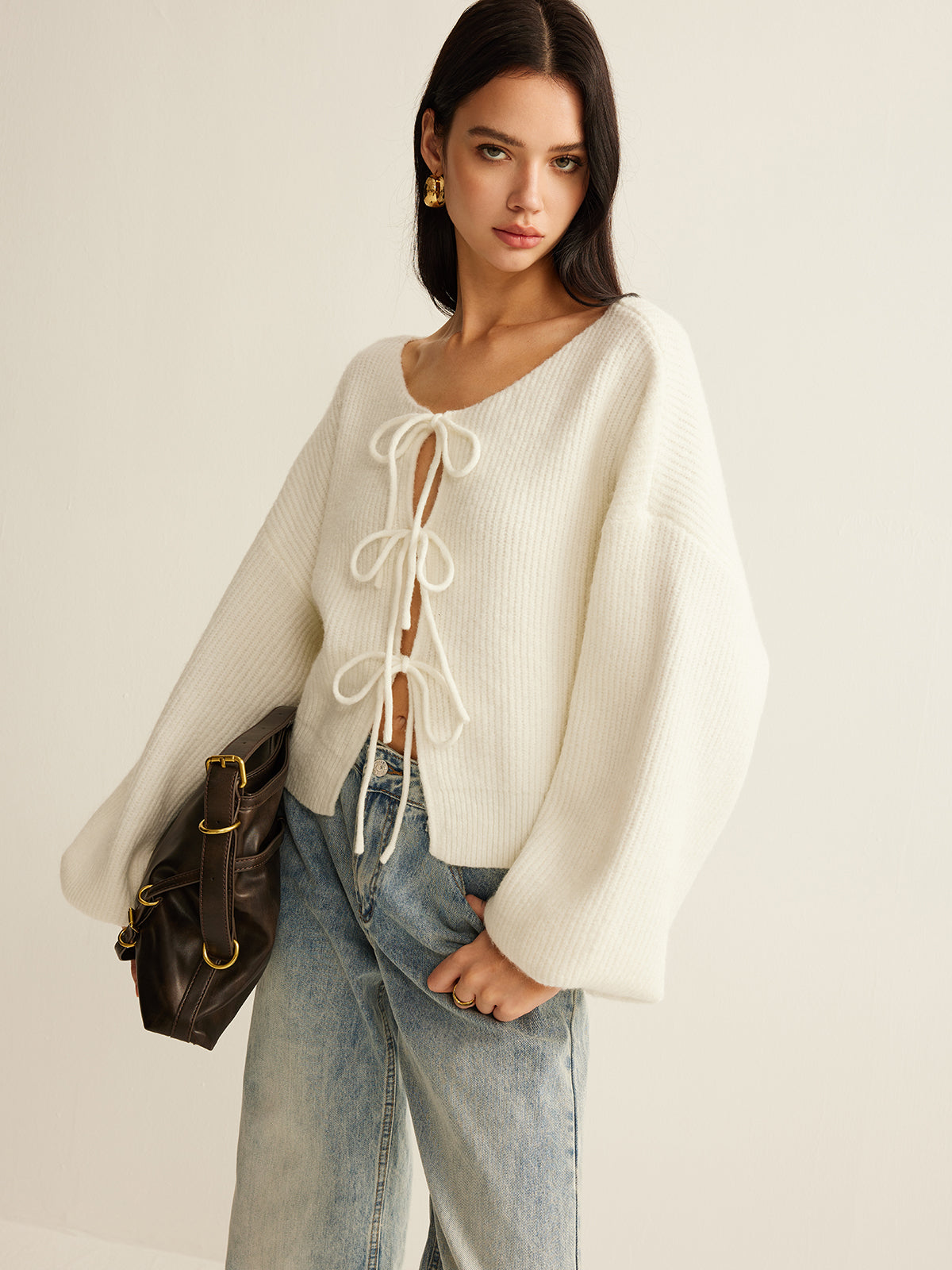 Wool-Blend Tie-Front Cardigan with Ribbed Trim Comfort Fit