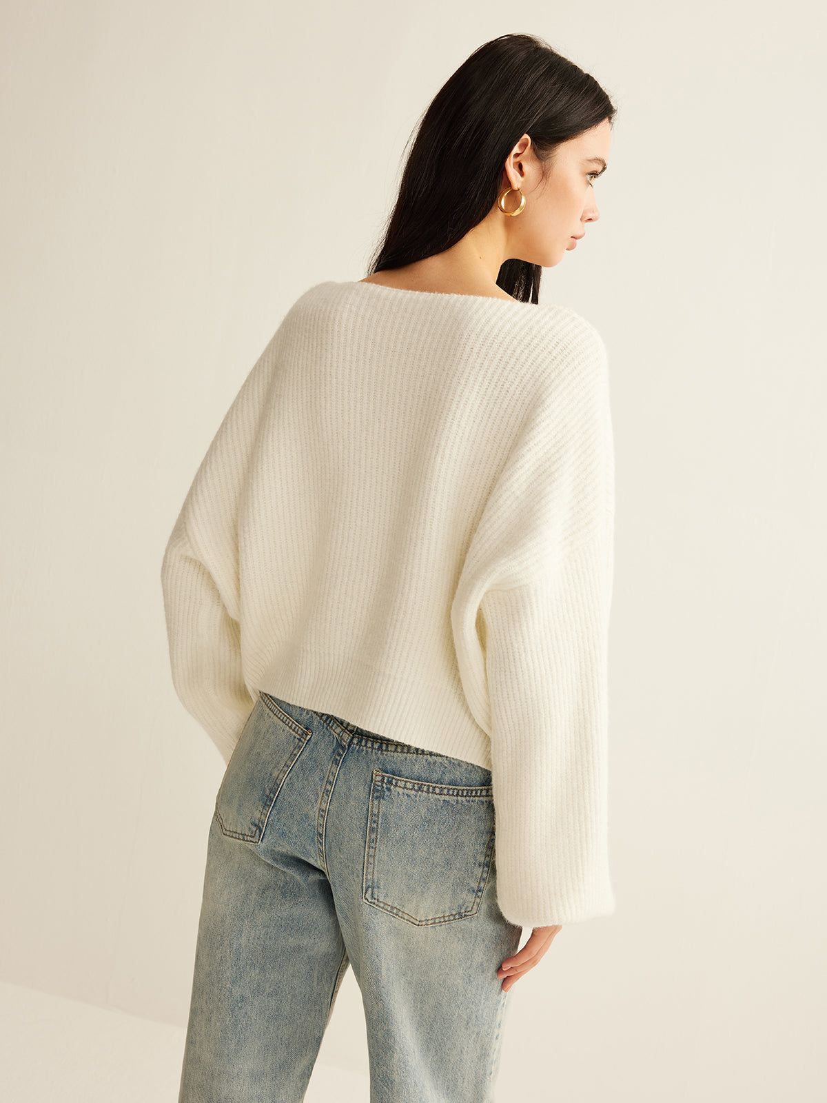 Wool-Blend Tie-Front Cardigan with Ribbed Trim Comfort Fit