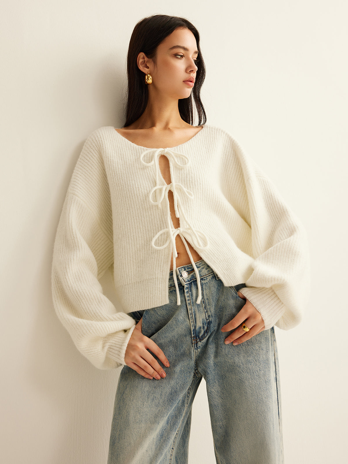 Wool-Blend Tie-Front Cardigan with Ribbed Trim Comfort Fit