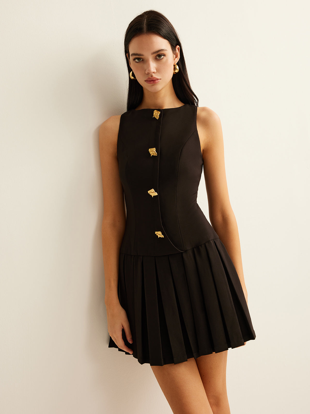 Metal-Button Pleated Tank Dress for Women, Elegant Summer Fashion