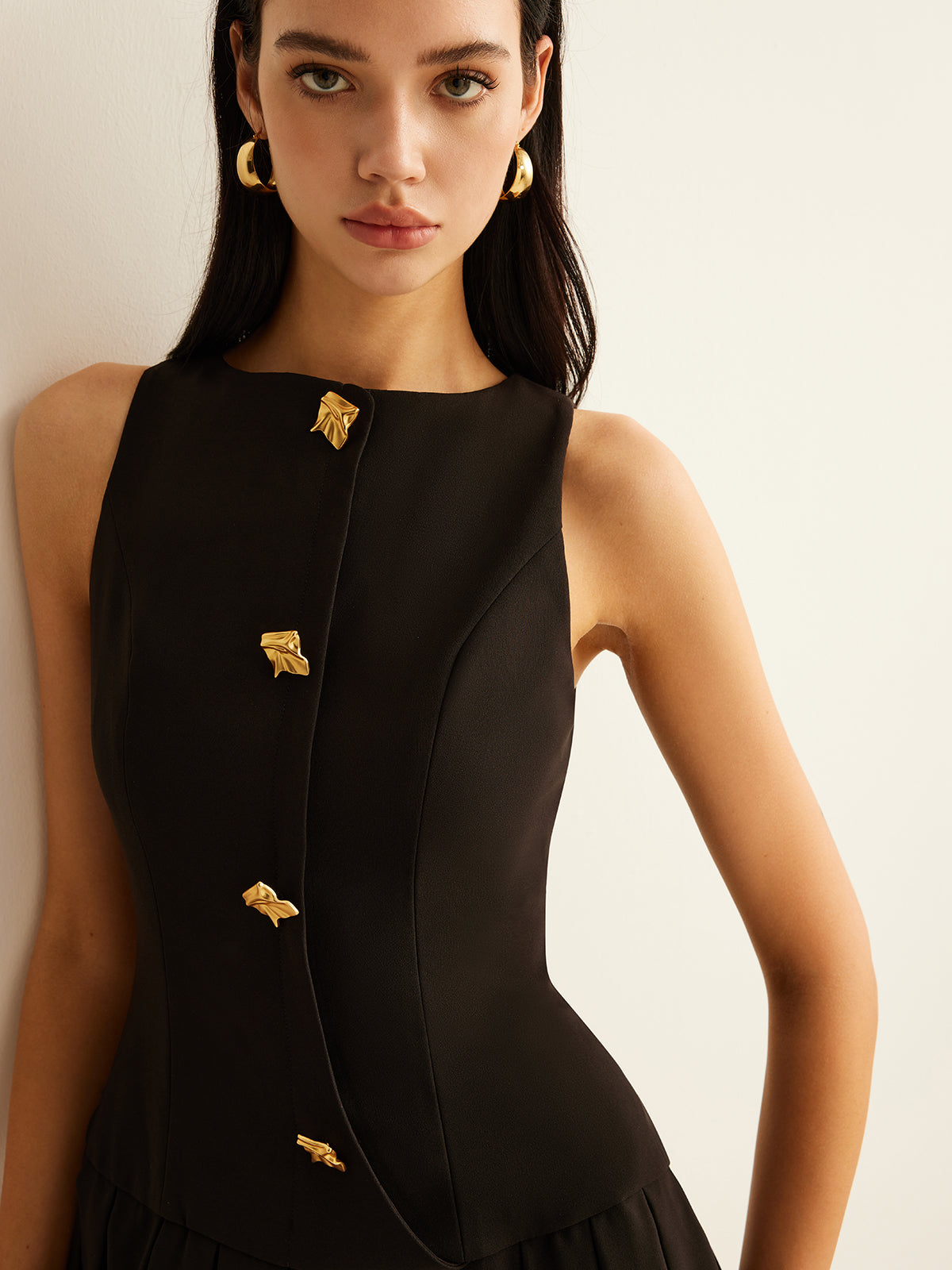 Metal-Button Pleated Tank Dress for Women, Elegant Summer Fashion