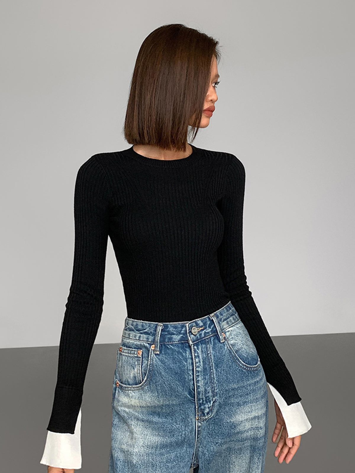 Ribbed Contrast Cuff Sweater Cozy Warm Winter Knit