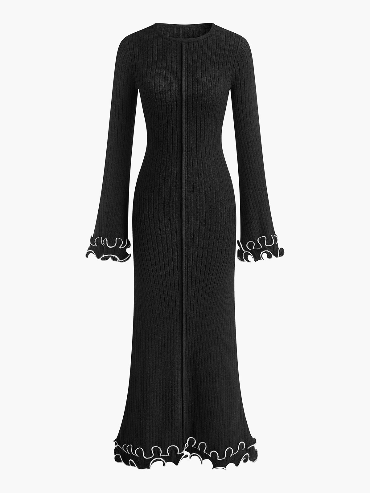 Semi-Sheer Piping Ruffle Drawstring Knit Dress for Women Elegant Comfortable Stylish