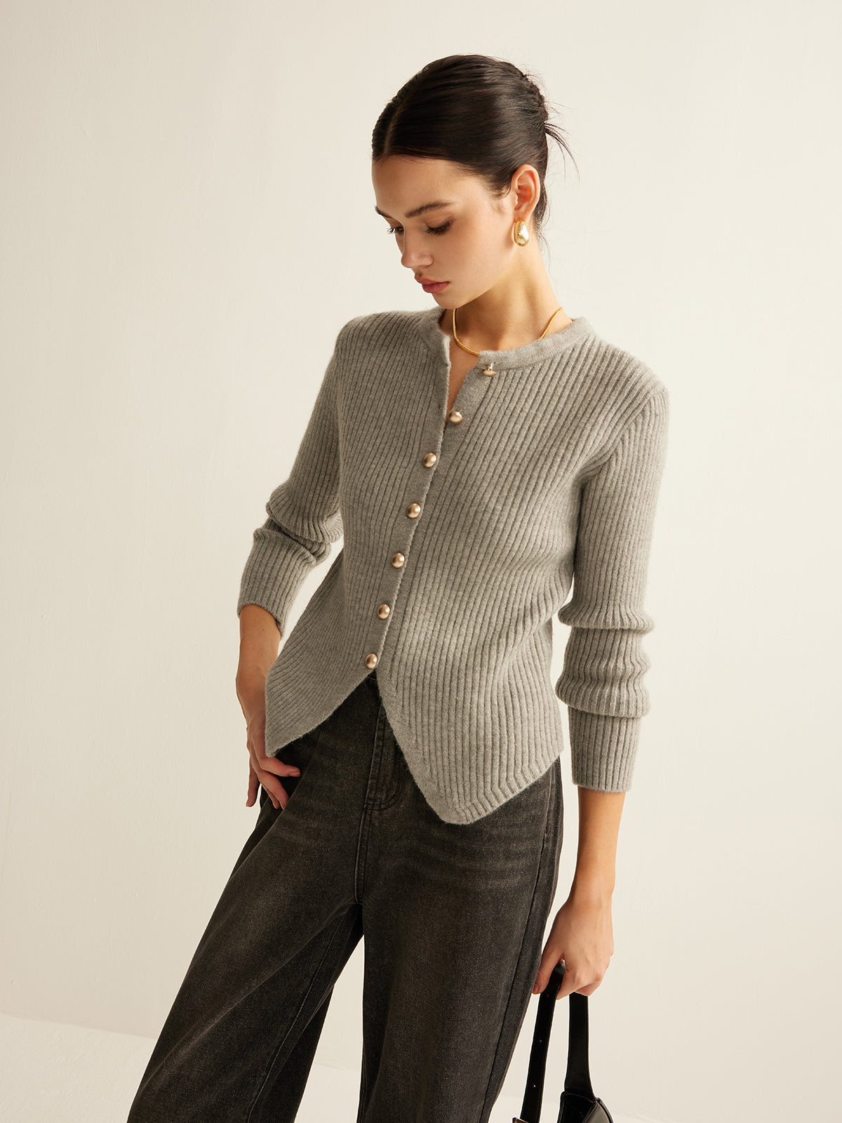 Button Down Split Cardigan Long Sleeve Lightweight Knit