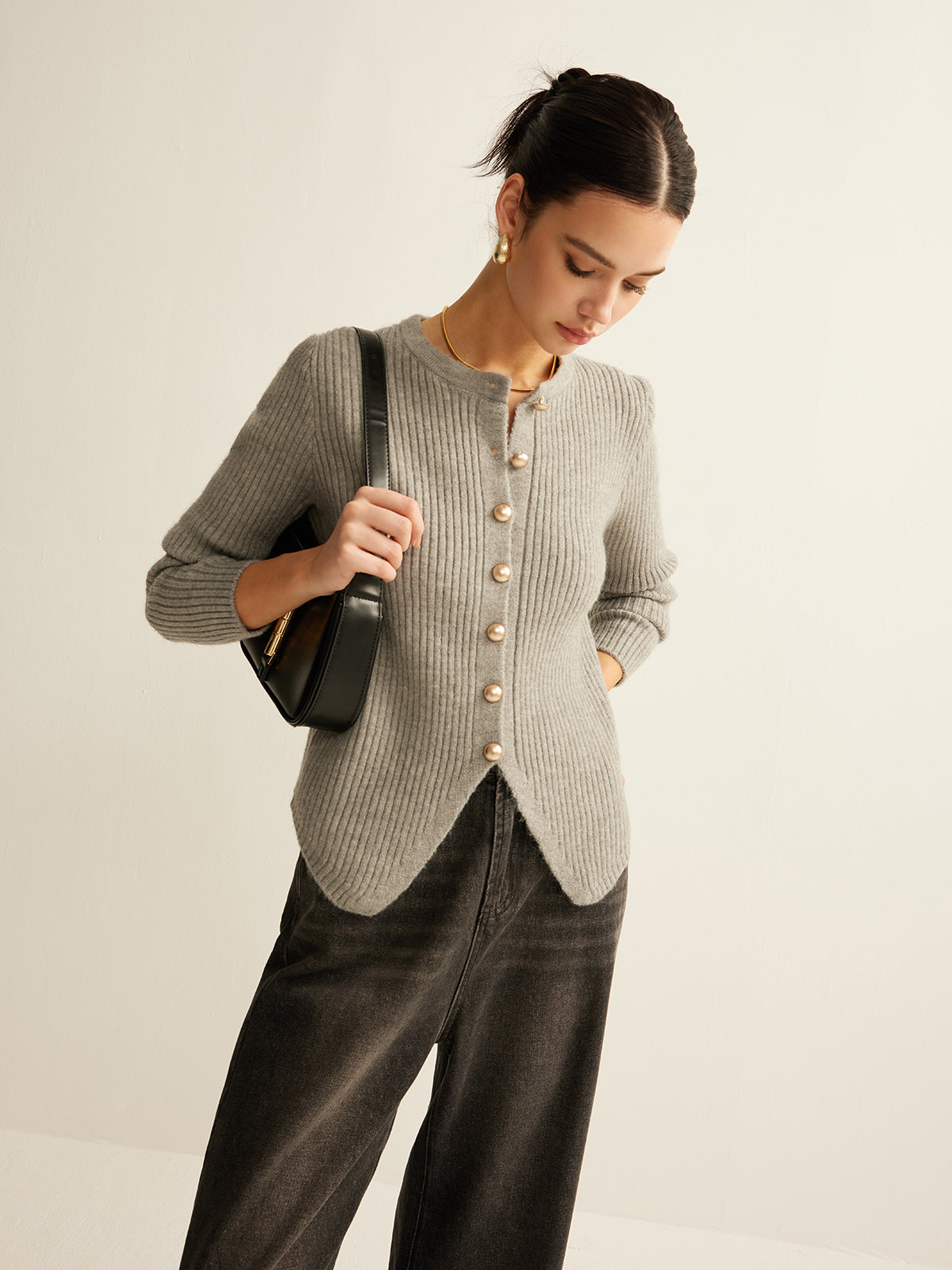 Button Down Split Cardigan Long Sleeve Lightweight Knit