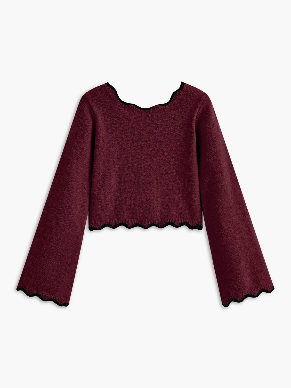 Contrast Wave Trim Bow Sweater with Elegant Ribbed Cuffs