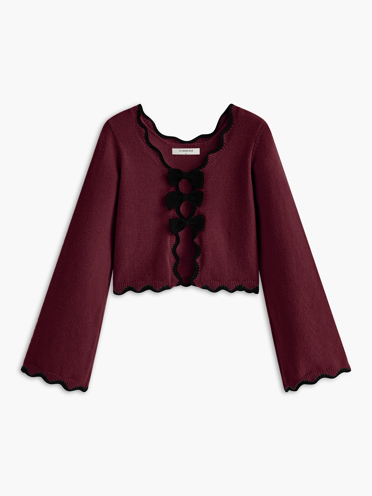 Contrast Wave Trim Bow Sweater with Elegant Ribbed Cuffs