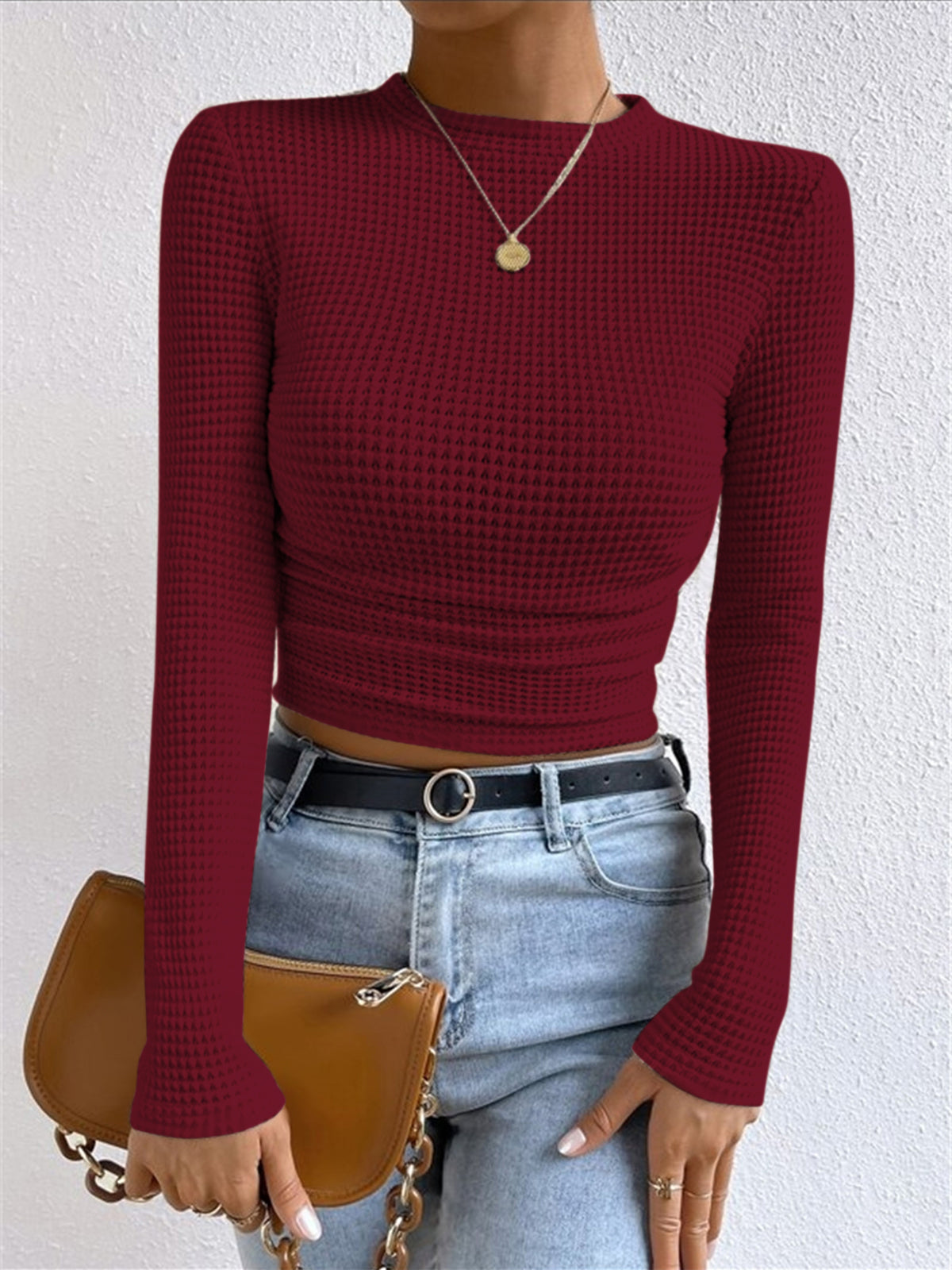 Plain Waffle Slim Sweater Lightweight Casual Pullover
