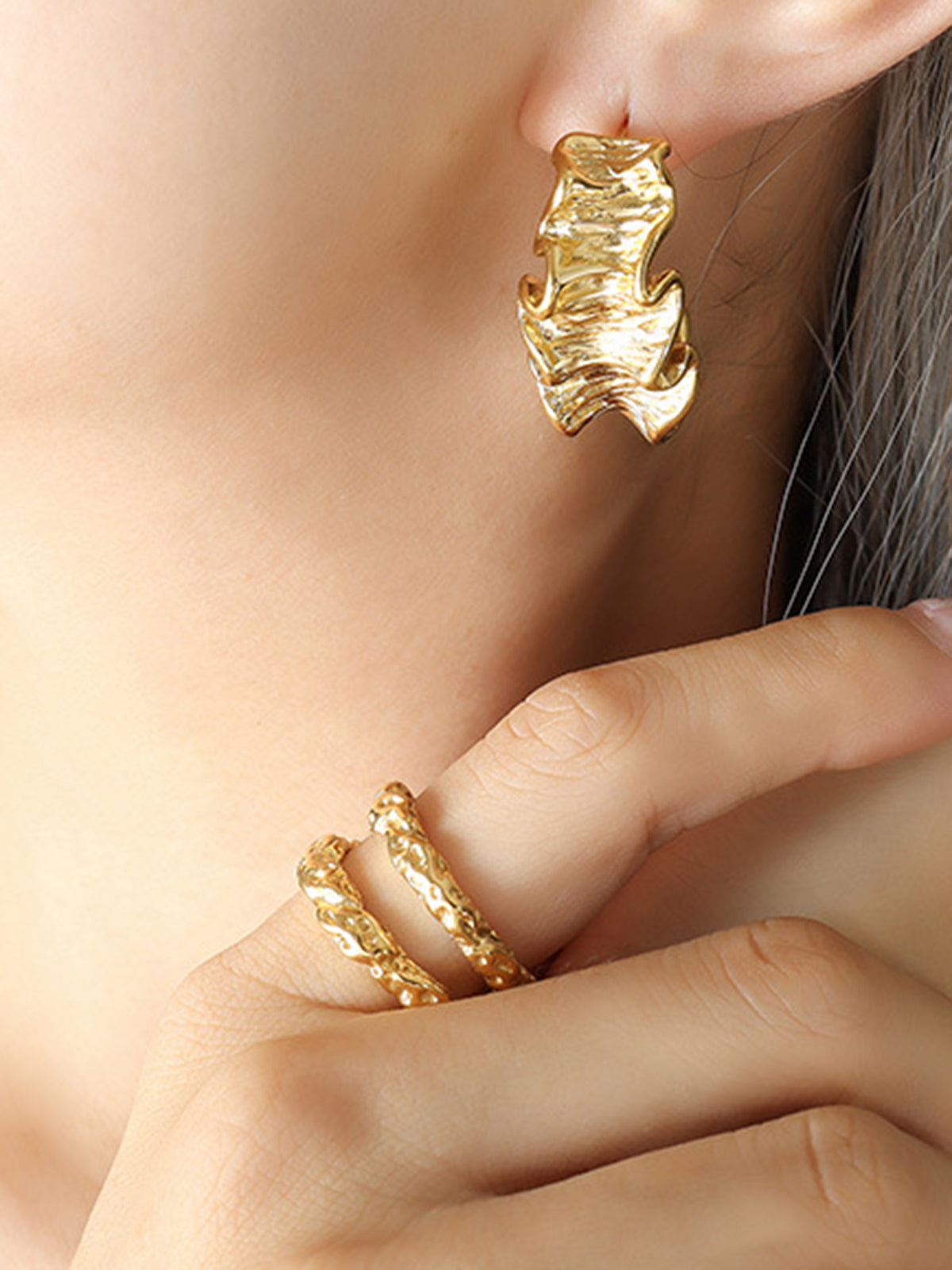 Pleated Wave Textured Hoop Earrings 18K Gold Plated Lightweight
