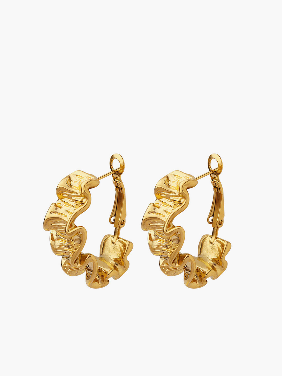 Pleated Wave Textured Hoop Earrings 18K Gold Plated Lightweight