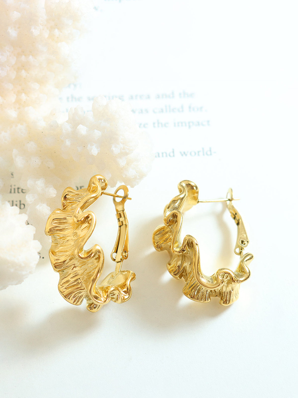 Pleated Wave Textured Hoop Earrings 18K Gold Plated Lightweight