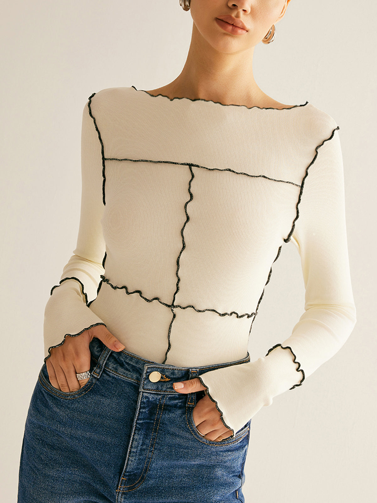 Lettuce Trim Long Sleeve Slim T-Shirt - Comfortable Stretch Fit Women's Casual Top