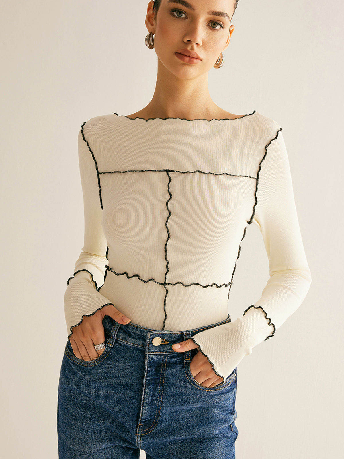 Lettuce Trim Long Sleeve Slim T-Shirt - Comfortable Stretch Fit Women's Casual Top