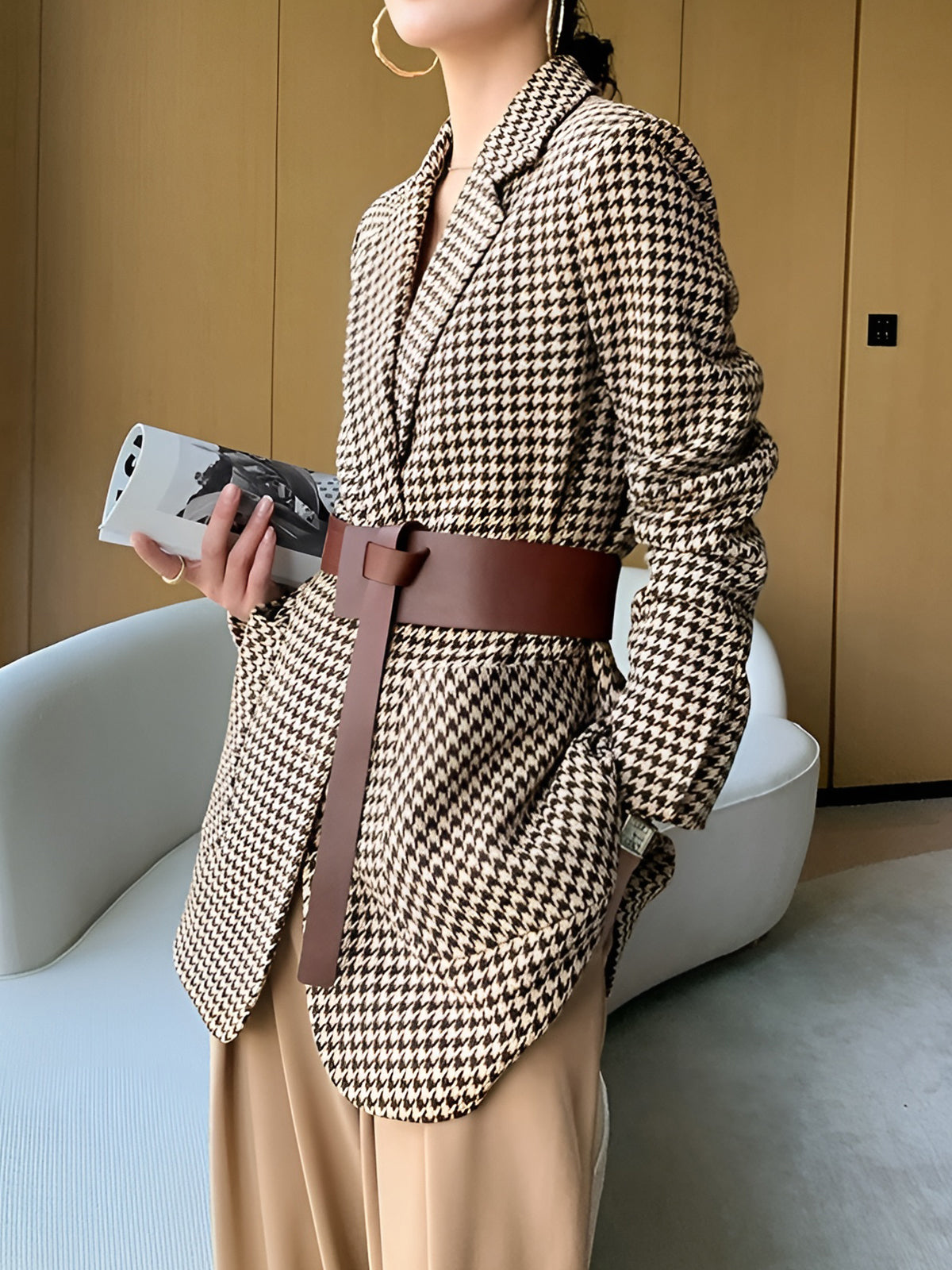 Houndstooth Split Blazer With Belt - Women's Fashionable Office Outerwear