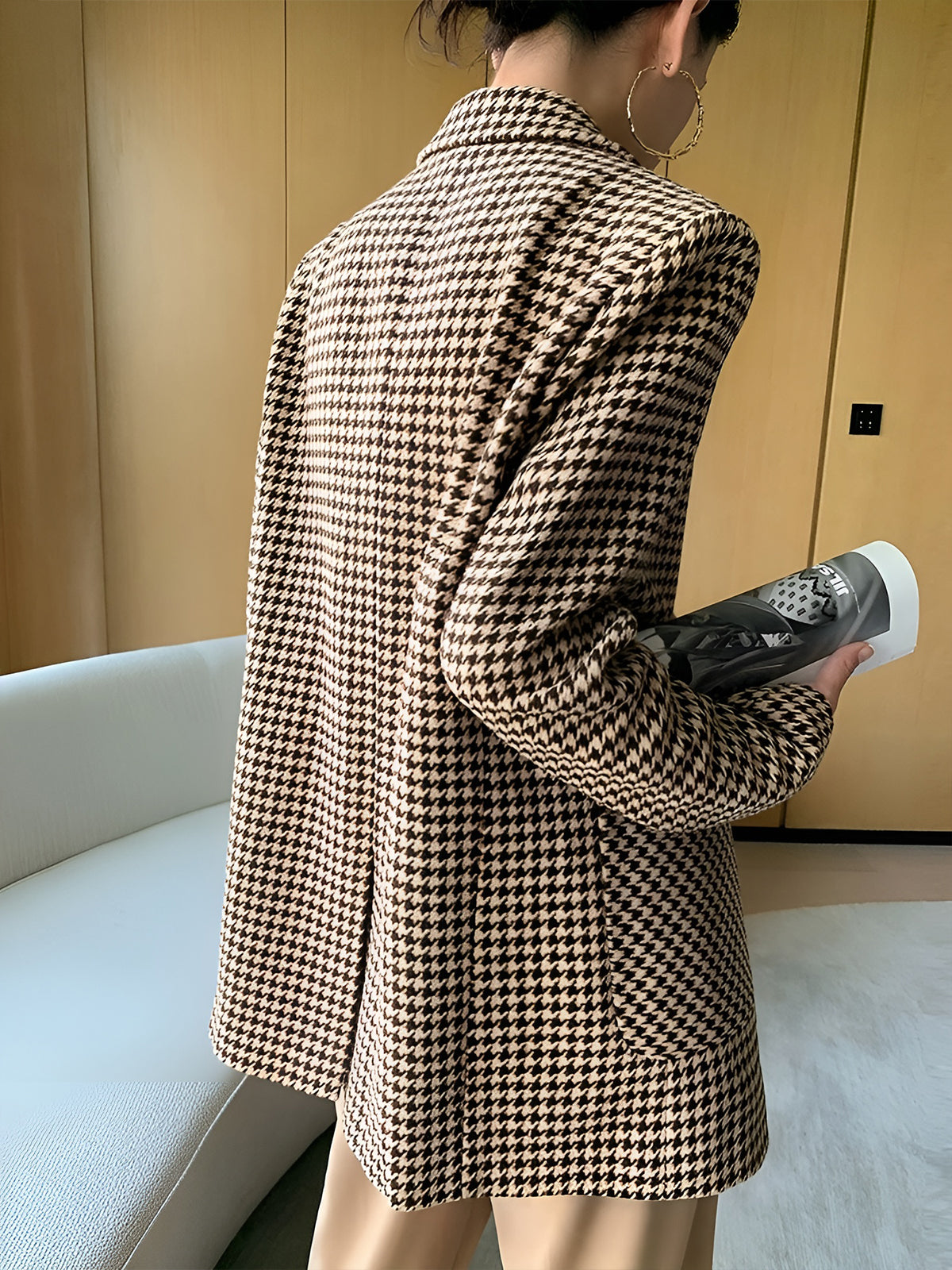Houndstooth Split Blazer With Belt - Women's Fashionable Office Outerwear