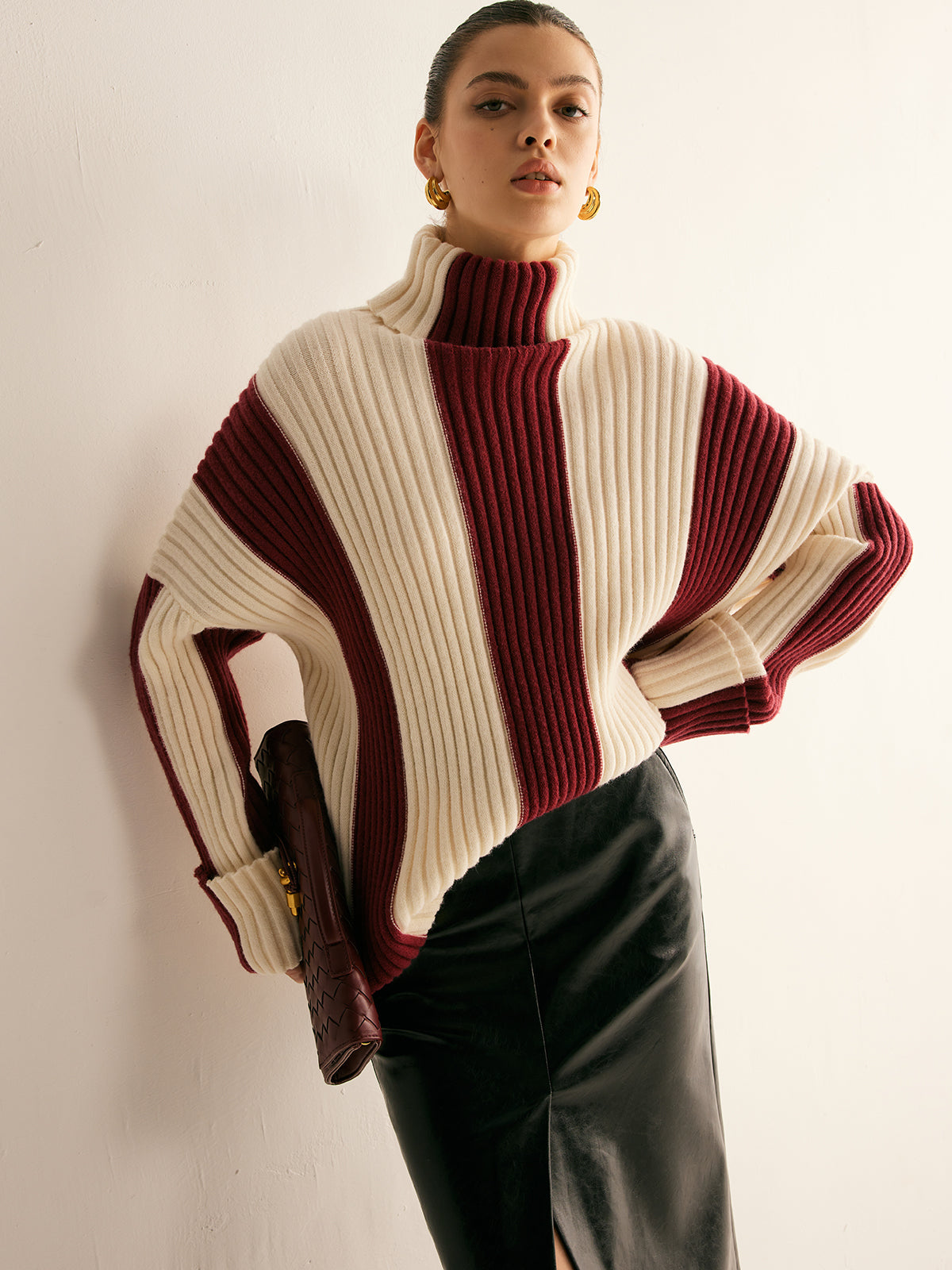 Ribbed Color Block Turtleneck Sweater Cozy Winter Knitwear