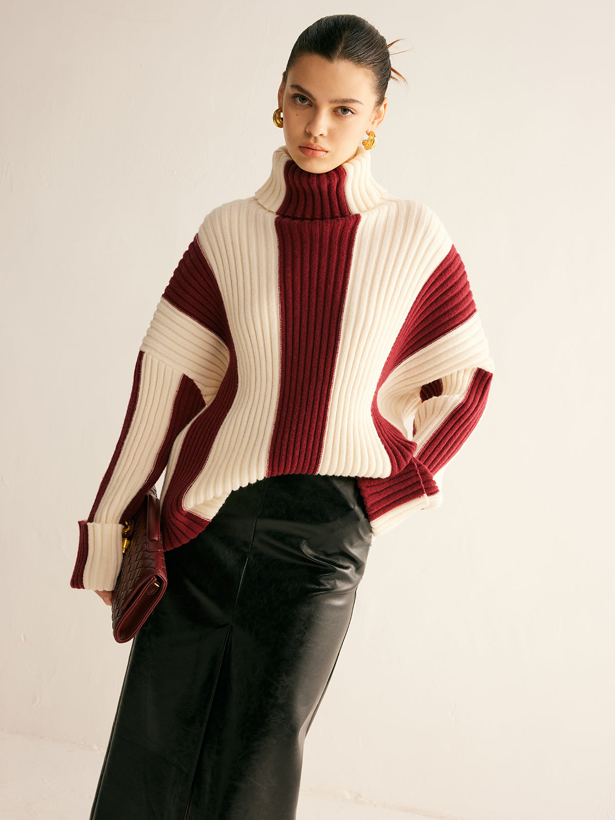 Ribbed Color Block Turtleneck Sweater Cozy Winter Knitwear