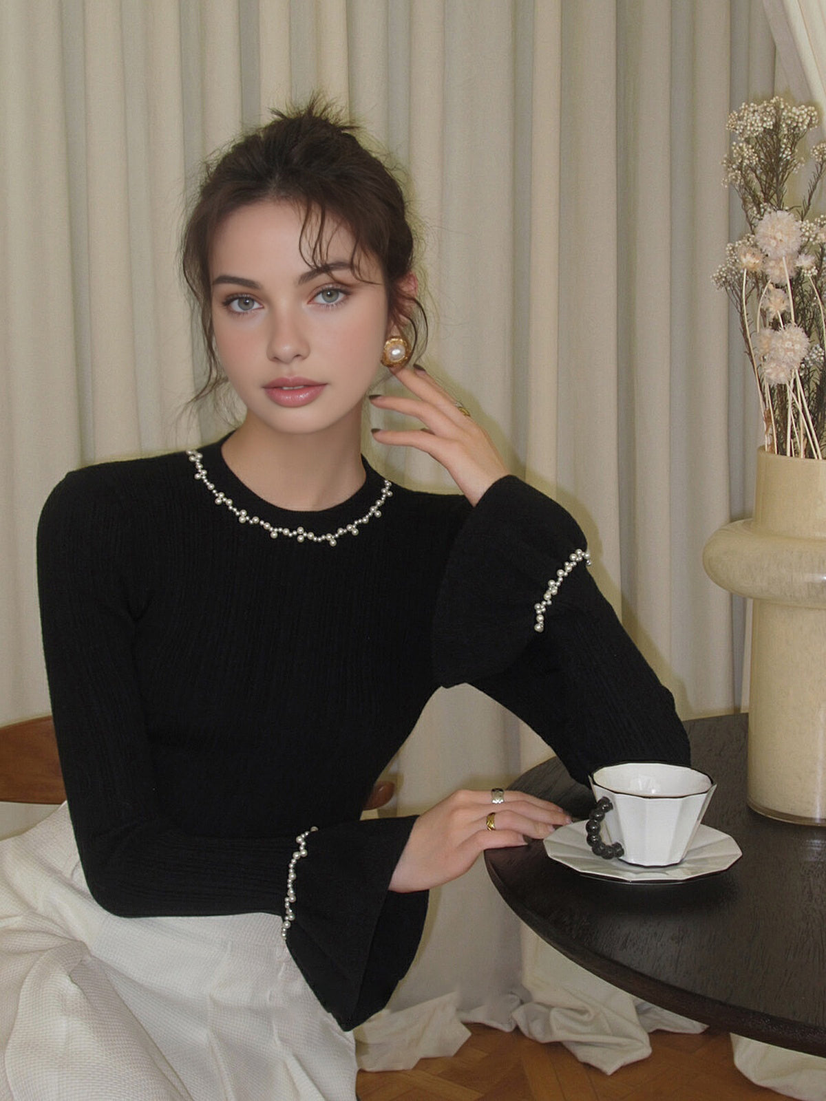 Beaded-Decor Ruffle Knit Top for Women - Fashionable Comfort Style