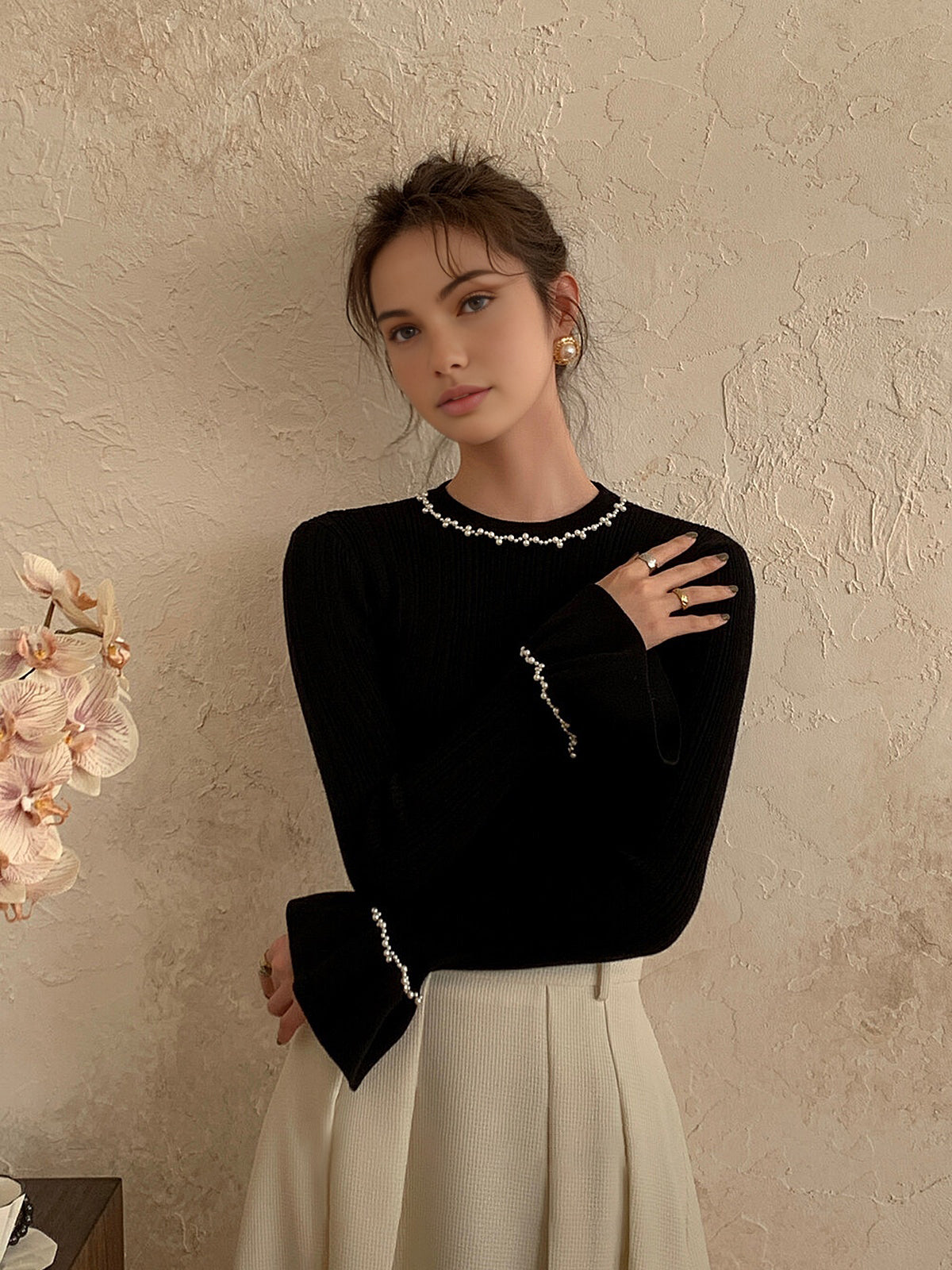 Beaded-Decor Ruffle Knit Top for Women - Fashionable Comfort Style