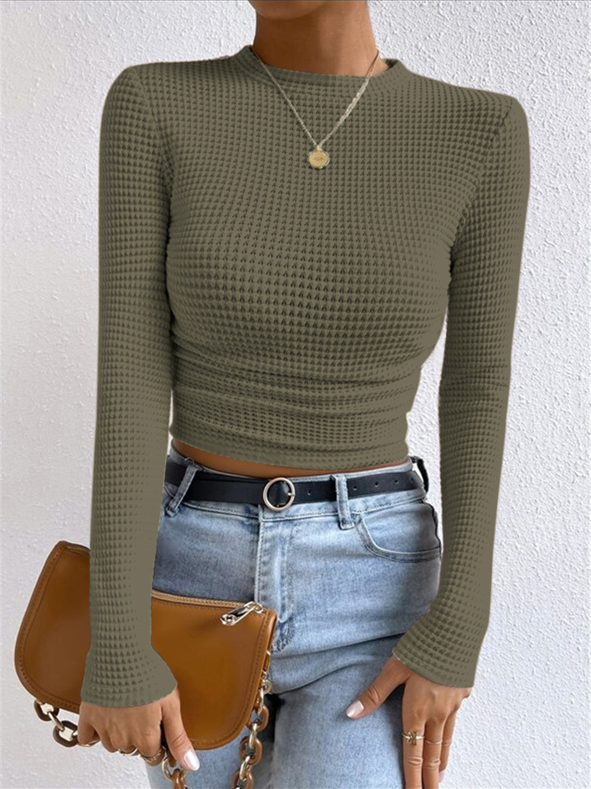 Plain Waffle Slim Sweater Lightweight Casual Pullover