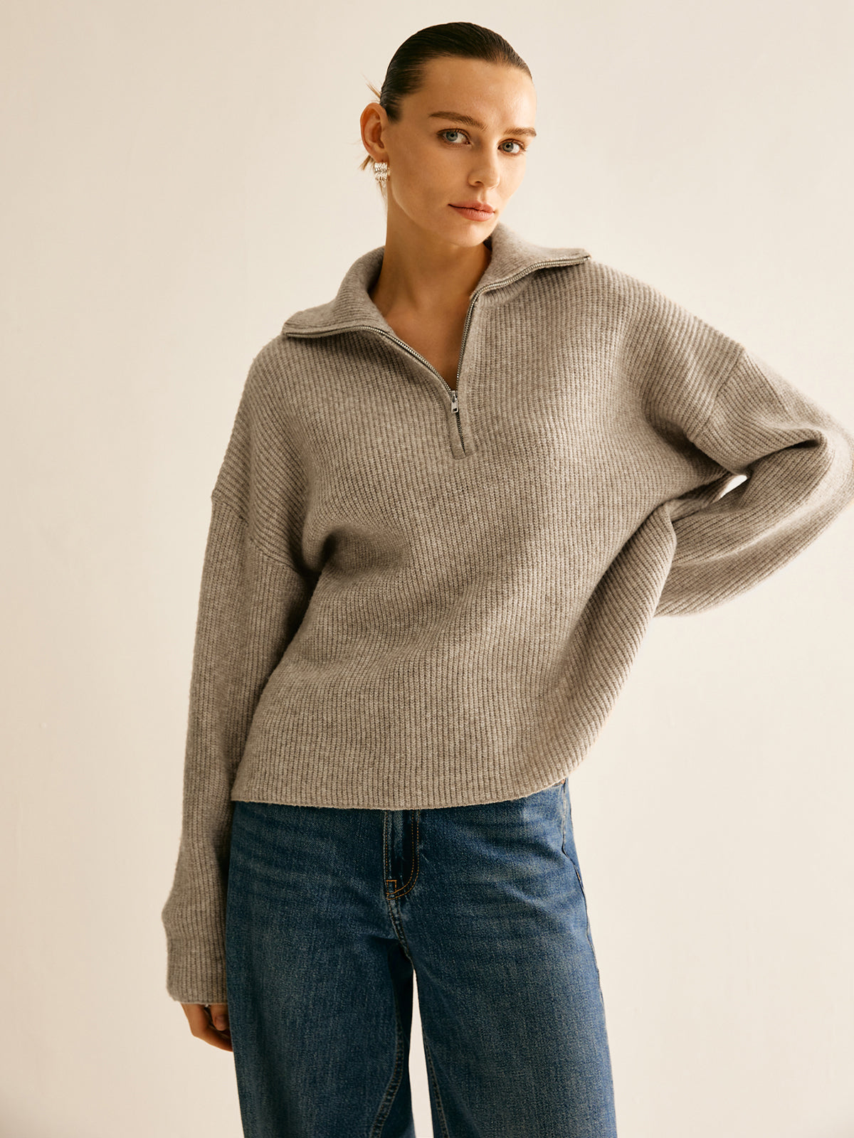 Wool-Blend Zipper Sweater Co-ords with Front Pockets for Women