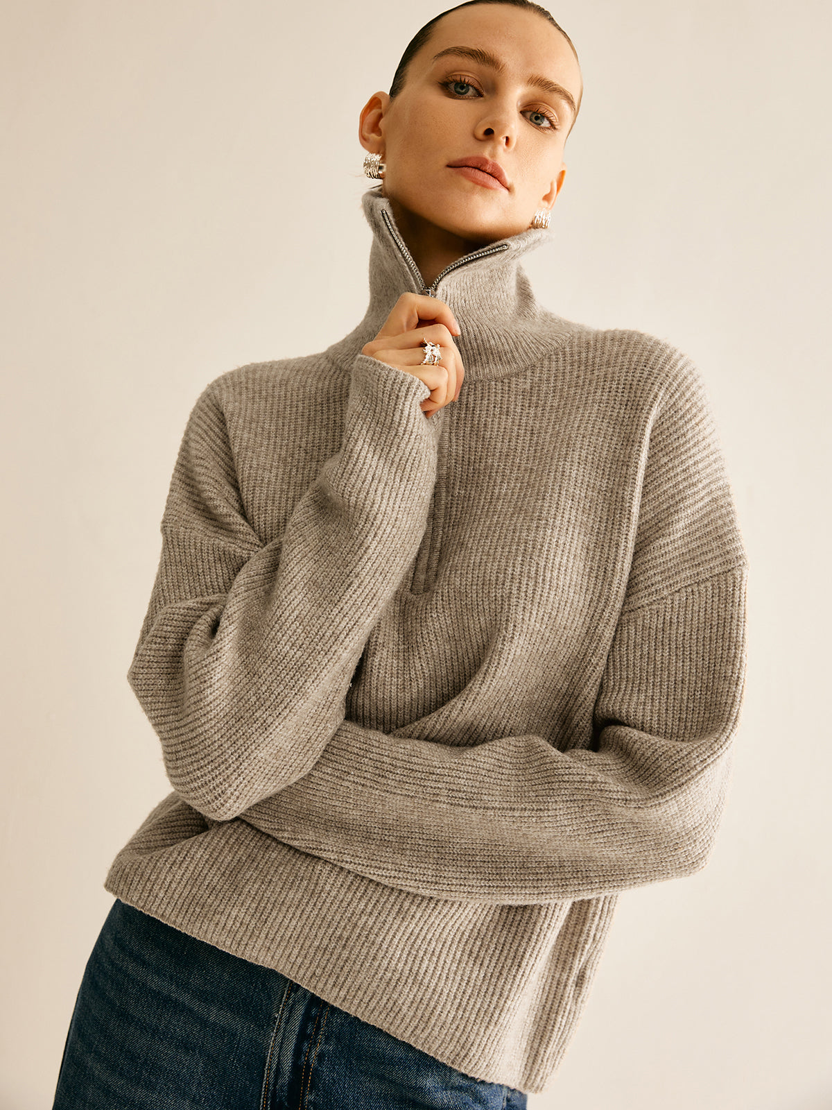 Wool-Blend Zipper Sweater Co-ords with Front Pockets for Women